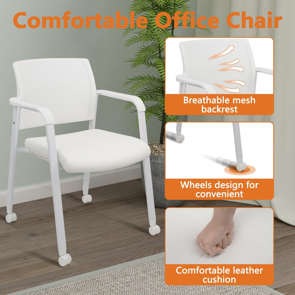 Set of 2, Stacking Office Chairs | Mesh Back, Thicken Leather Seat and Arms, Ergonomic Lumber Support | Guest Reception, Waiting, Conference, School, Party, Customer, Side, Stationary | White