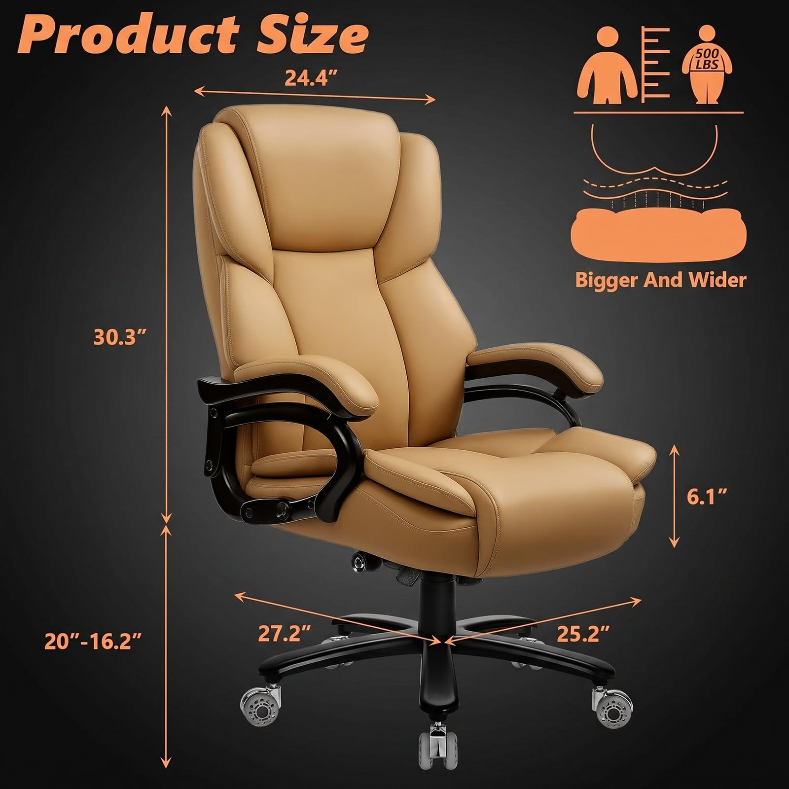 Indulgear 500lbs Big and Tall Office Chair for Heavy People,Heavy Duty Comfy Office Chair,High Back Executive Computer Chair with Lumbar Support, Rubber Wheel