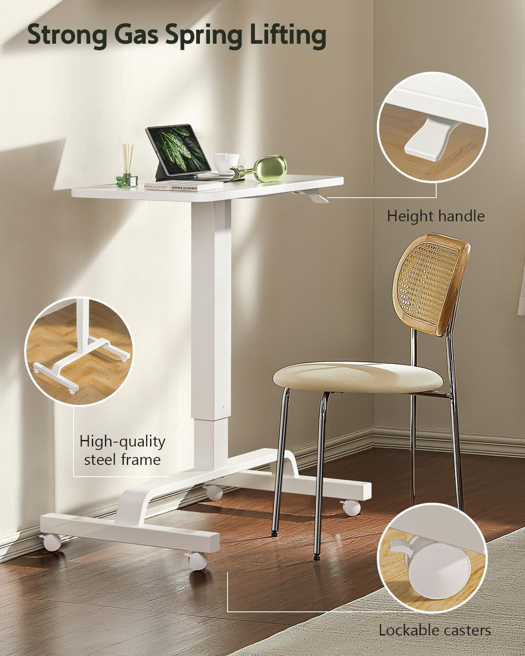 Height Adjustable Mobile Standing Desk with 360 Swivel Casters, 29"-45" Pneumatic Rolling Desk on Wheels, Perfect for Home Office, Bedroom, Living Room, White