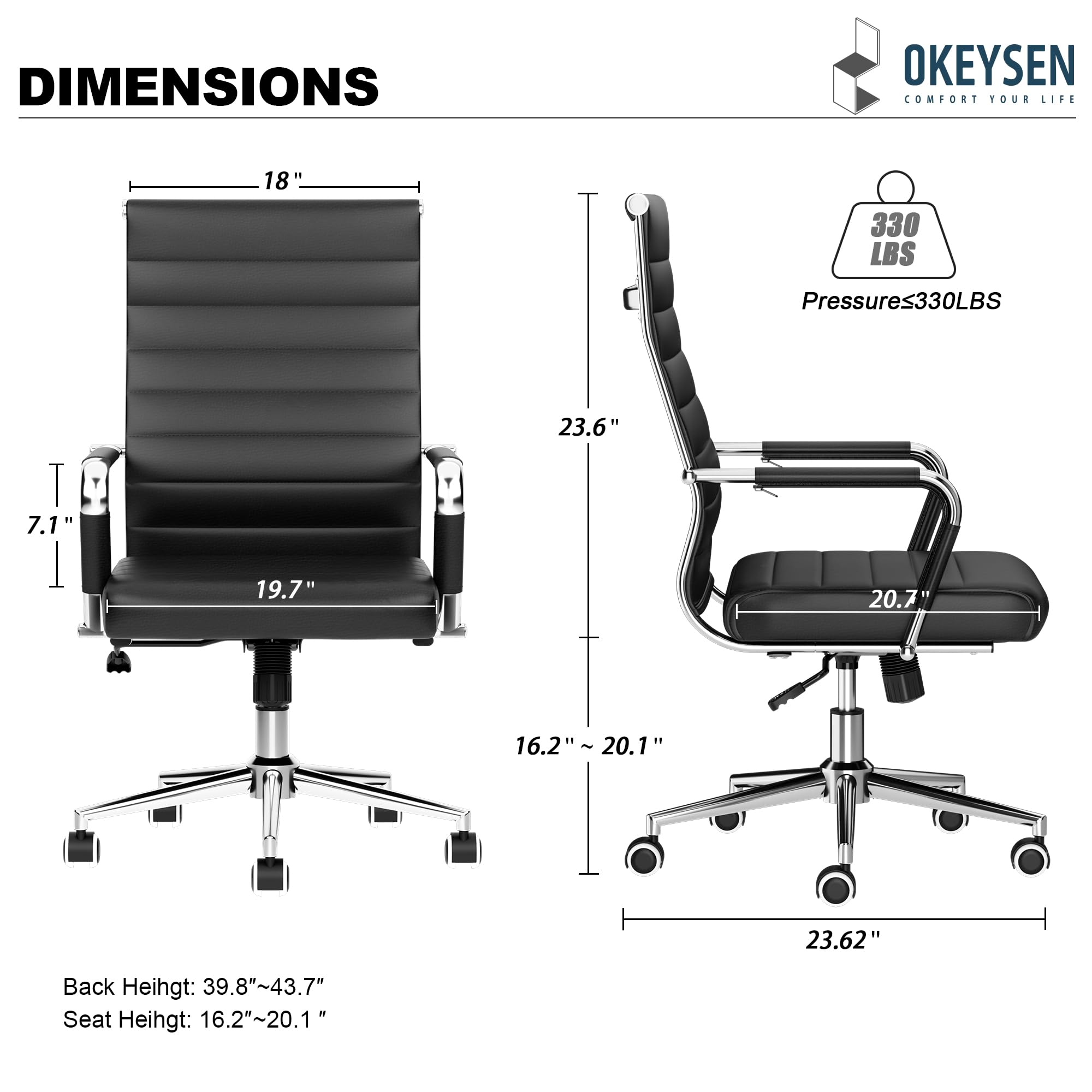 Office Desk Chair, Ergonomic Leather Modern Conference Room Chairs, Executive Ribbed Height Adjustable Swivel Rolling Chair for Home Office. (Black)