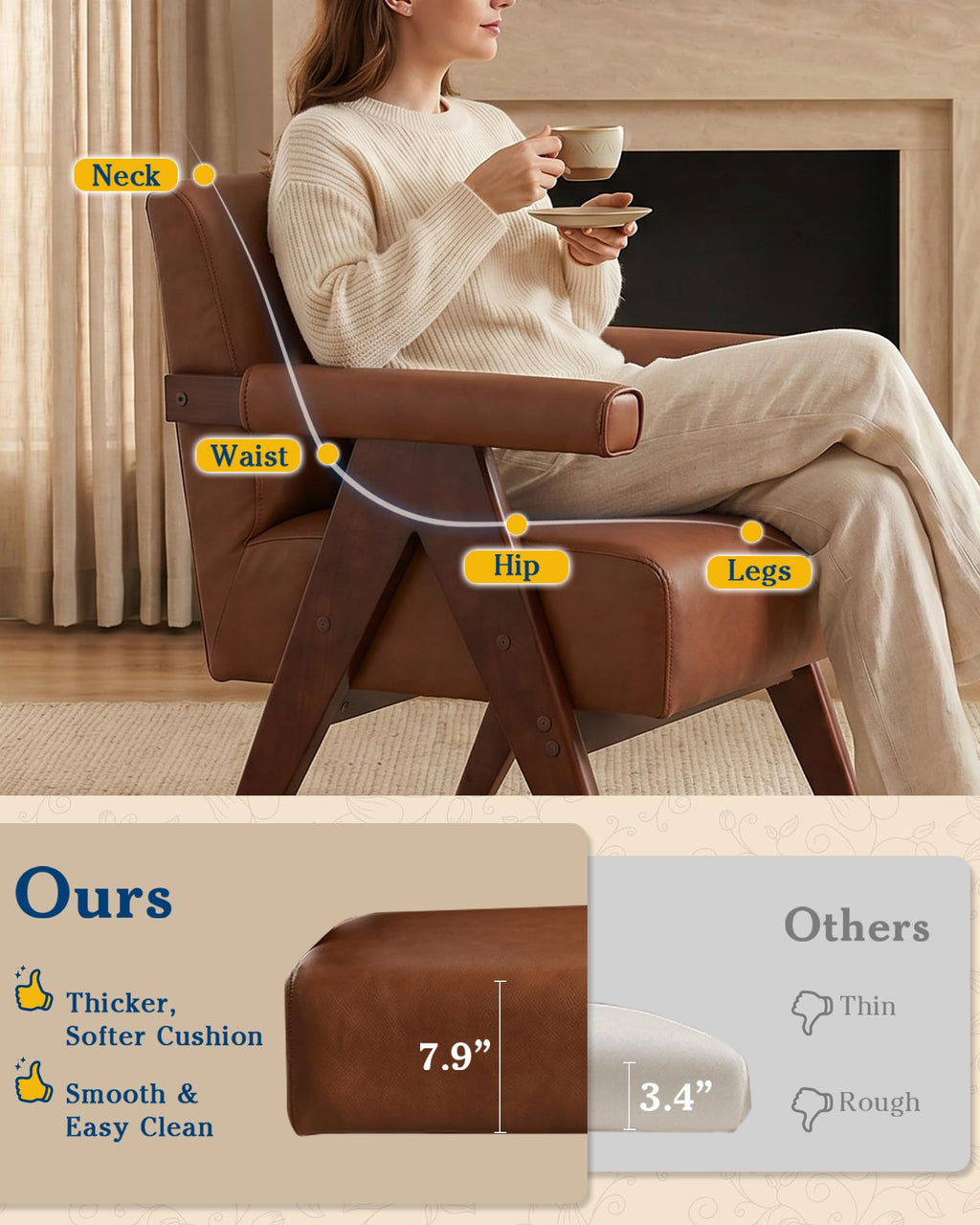 Mid Century Modern Accent Chair, Solid Wood Frame Brown Leather Armchair, Modern Reading & Living Room Chair for Office Guest & Waiting Room