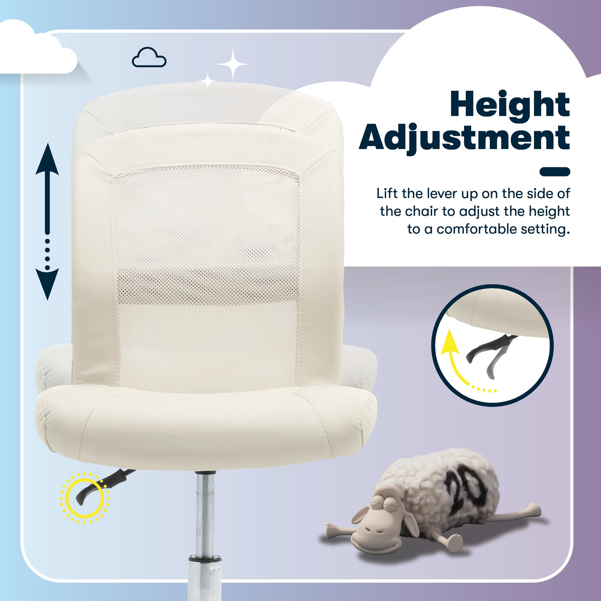 Essential Armless Chair, Small Desk Chairs with Wheels, Breathable Mesh Back and Faux Leather, Quality Foam Cushion Seat for Comfort, Minimal Design for Vanity Table, Cream White
