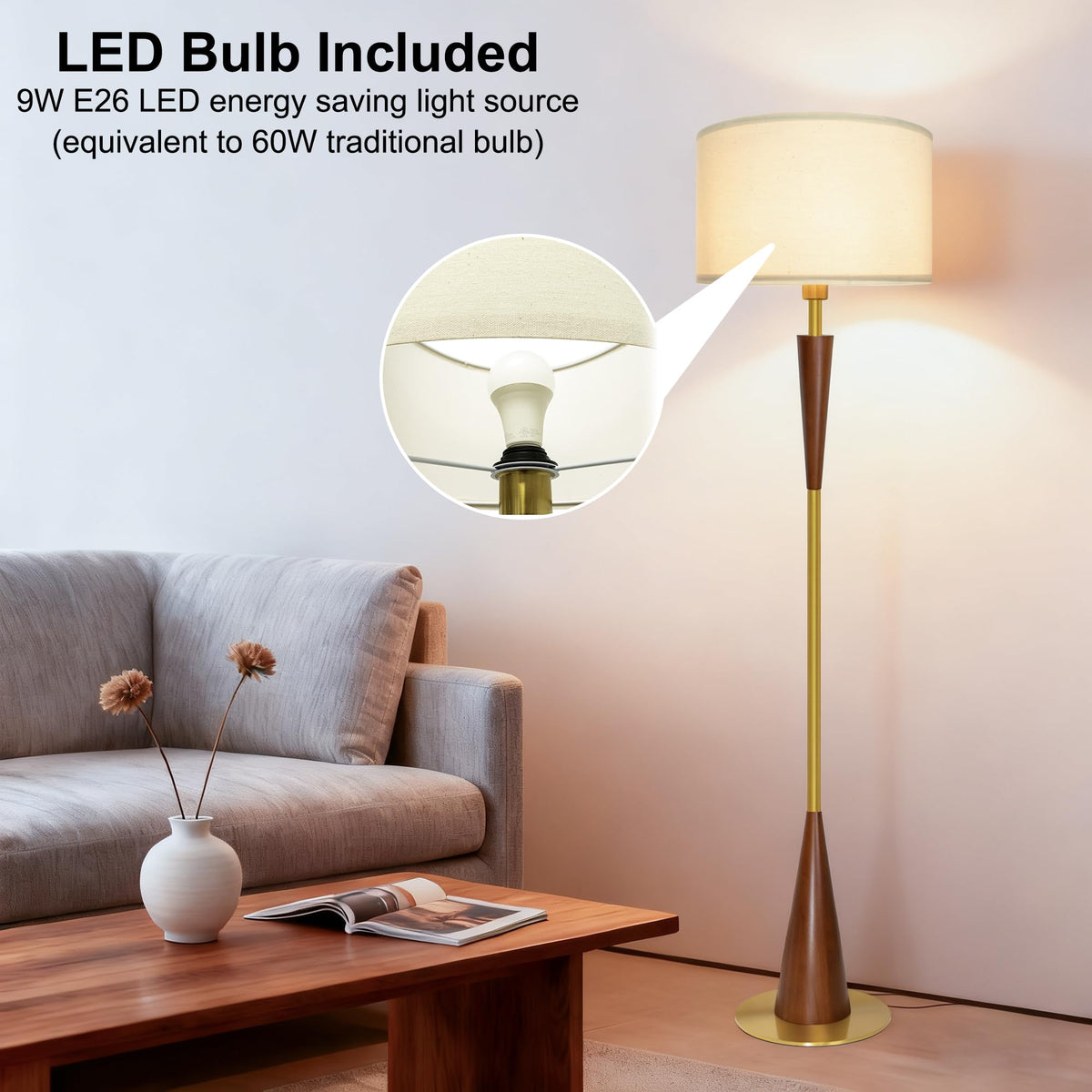 Floor Lamps for Living Room,61.5" Wood Floor Lamp,Retro Farmhouse Standing Lamp Includes 9W Bulb with 3-Color Temperature,Tall Lamp for Bedroom,Dining Room,Living Room,Corner,Bronze