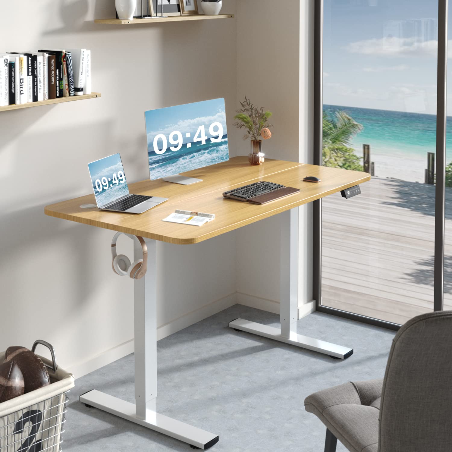 Electric Height Adjustable Standing Desk Large 48 x 24 Inches Sit Stand up Desk Home Office Computer Desk Memory Preset with T-Shaped Metal Bracket, Wood