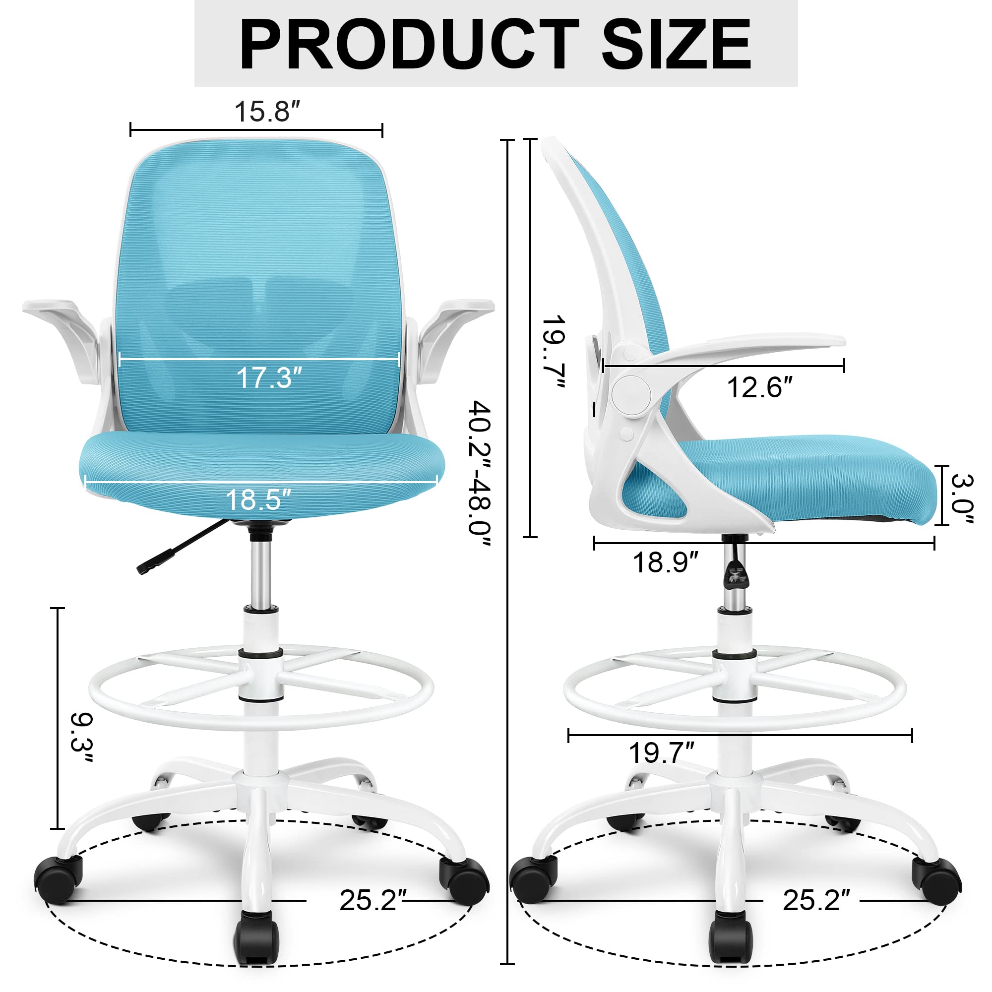 Drafting Chair Tall Office Chair with Flip-up Armrests Executive Ergonomic Computer Standing Desk Chair with Lumbar Support and Adjustable Footrest Ring（Blue）
