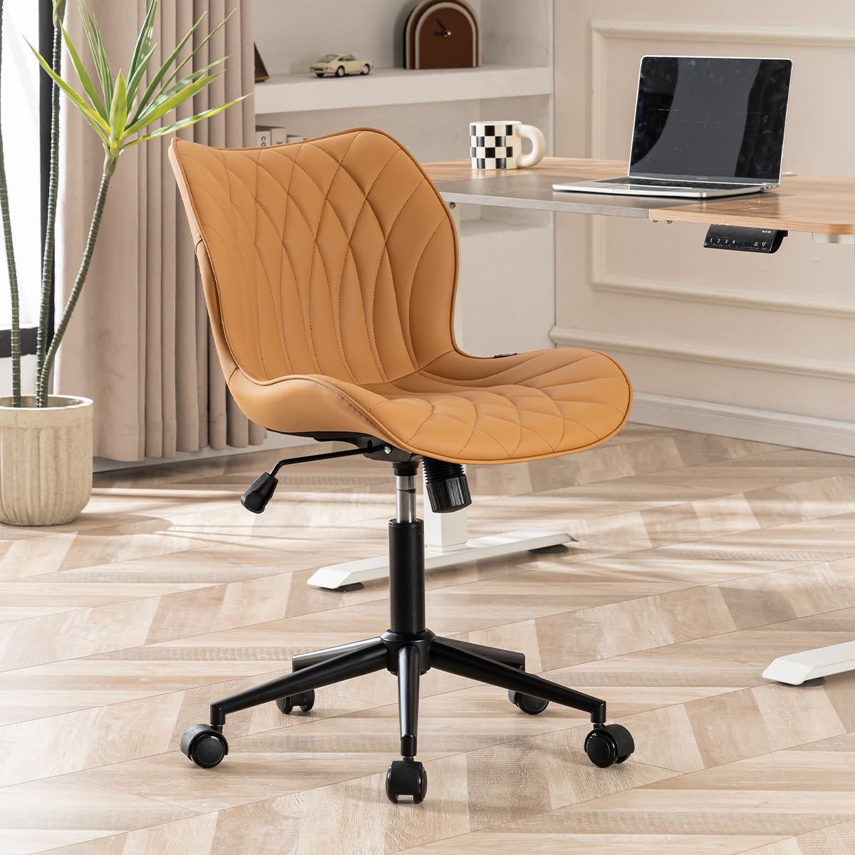 Armless Desk Chair Comfy Office Chair with Wheels Home Ergonomic Task Chair Adjustable Computer Chairs Modern Faux Leather Swivel Chair Upholstered Makeup Vanity Chair with Back(Camel)