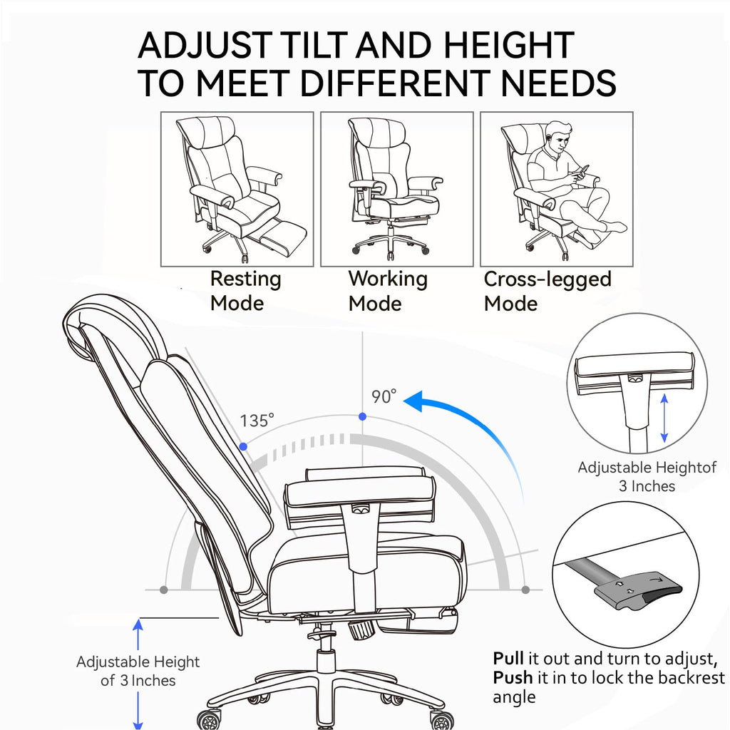 Big and Tall Green Office Chair 450LBS – Ergonomic High-Back Executive Chair with Footrest, Adjustable Padded Armrests, PU Leather Computer Chair with Lumbar Support for Home or Office, Yellow