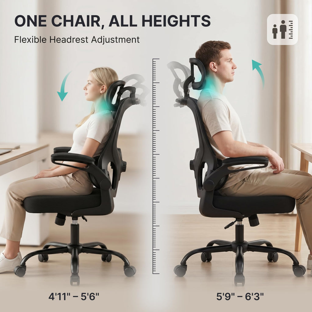 Ergonomic Office Chair, 330lbs Mesh Desk Chair with Adjustable Lumbar Support, 3D Headrest and Flip-Up Arms, Comfortable High Back Computer Chair for Home Office