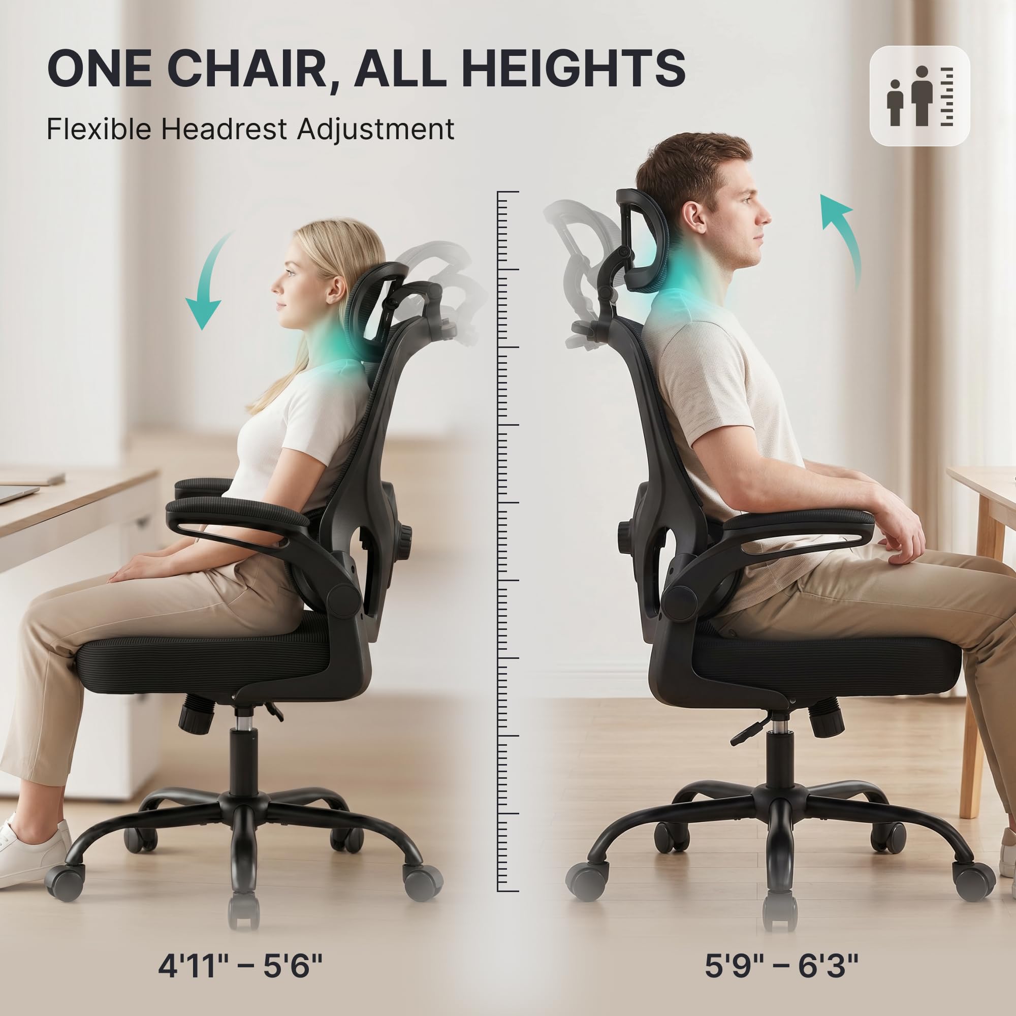 Ergonomic Office Chair, 330lbs Mesh Desk Chair with Adjustable Lumbar Support, 3D Headrest and Flip-Up Arms, Comfortable High Back Computer Chair for Home Office