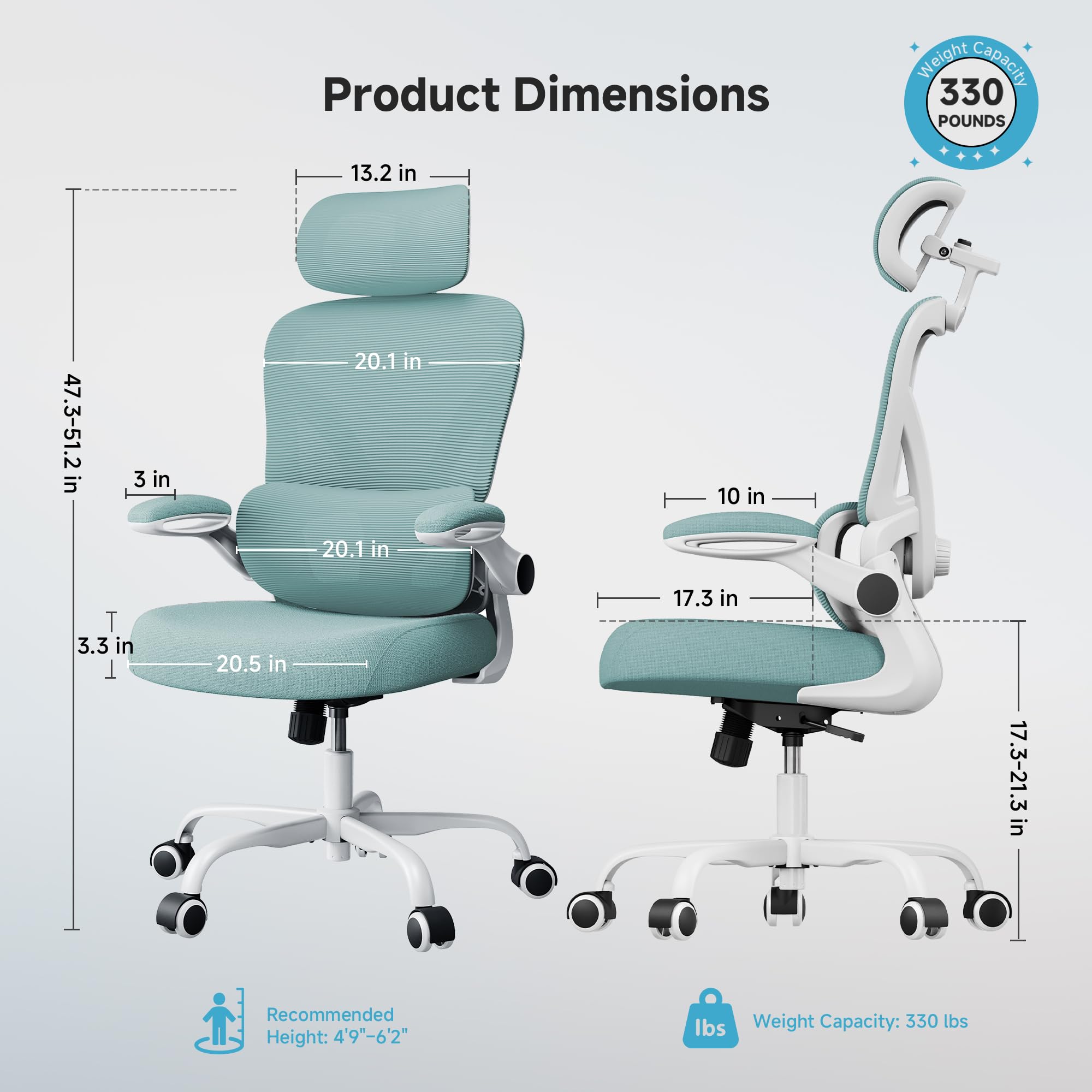 Ergonomic Office Chair, 330LBS Desk Chair with 3-Level Lumbar Support & Headrest, Breathable Mesh Backrest, Flip-Up Armrests for Home Office and Gaming, Blue