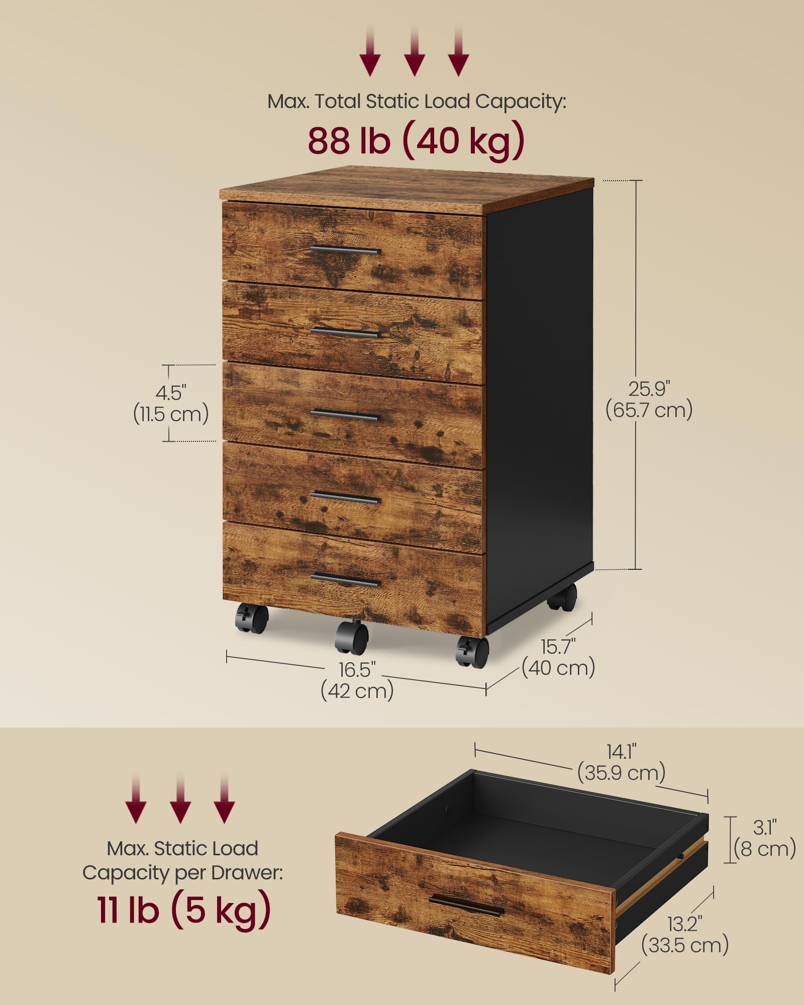 File Cabinet, Mobile Pedestal Filing Cabinet with Wheels, Printer Stand with 5 Drawers, Tool-Free Sliding Rails, for Study, Home Office, Rustic Brown