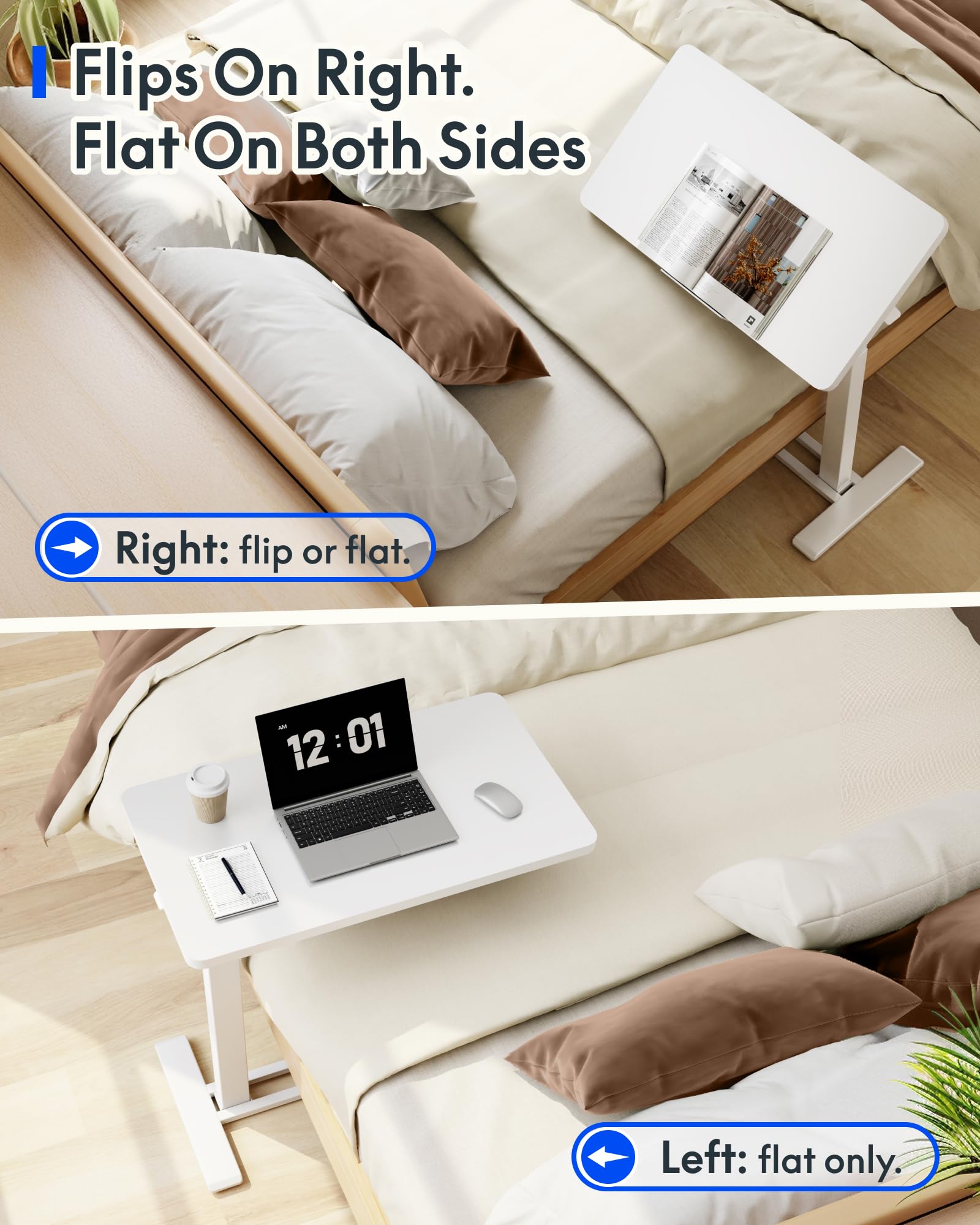 H7 PRO Mobile Standing Desk Adjustable Overbed Table Pneumatic with Wheels 90°Tiltable Portable Laptop Desk Rolling Computer Cart Foldable Bedside Table(27.6" W x 15.7" D, White)