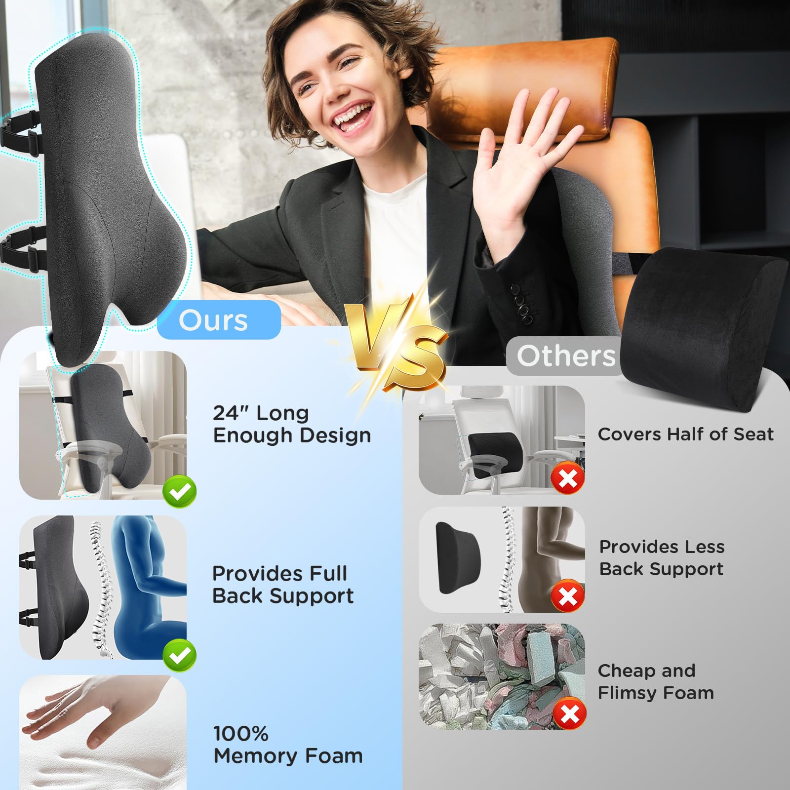 High Back Support Pillow for Office Chair, Fully Support Back Cushion - Memory Foam Lumbar Support Pillow for Office Chair, Desk, Gaming Chair, Promotes Posture Pain Relief Adjustable Straps