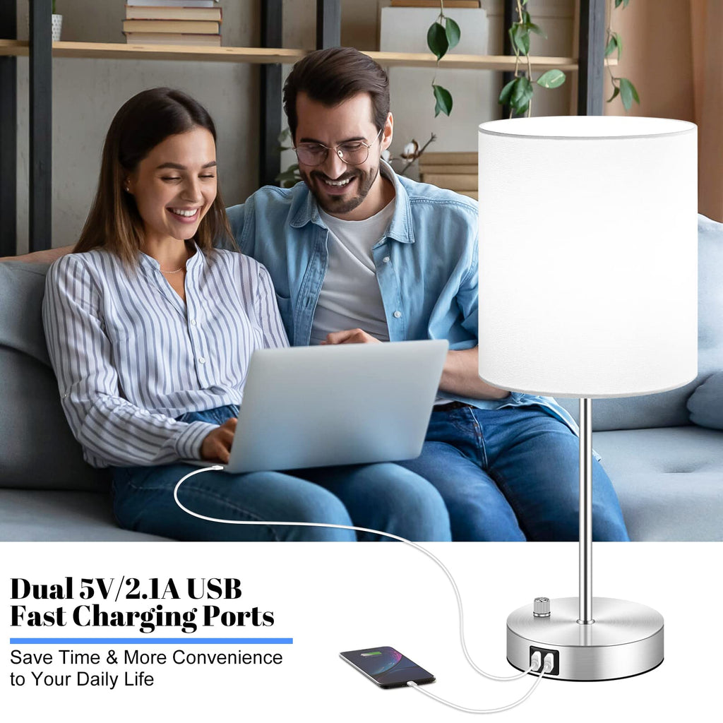 Set of 2 Table Lamps with USB Ports, White Bedside Lamps with AC Outlet