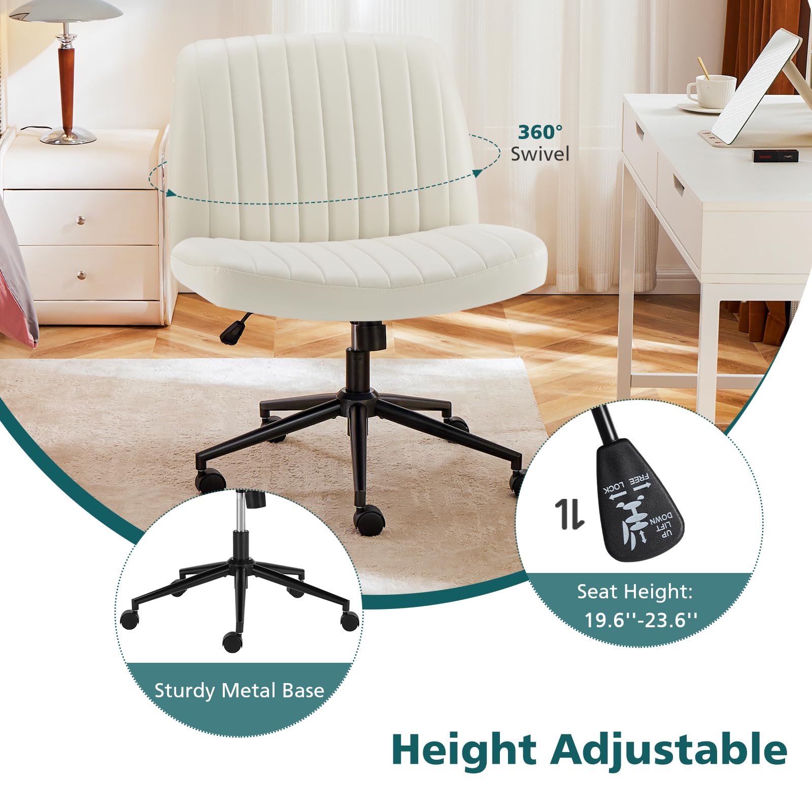 Criss Cross Chair with Wheels Wide Cross Legged Office Desk Vanity Chair Comfy Fabric Armless Adjustable Swivel for Home Computer Task PU Beige