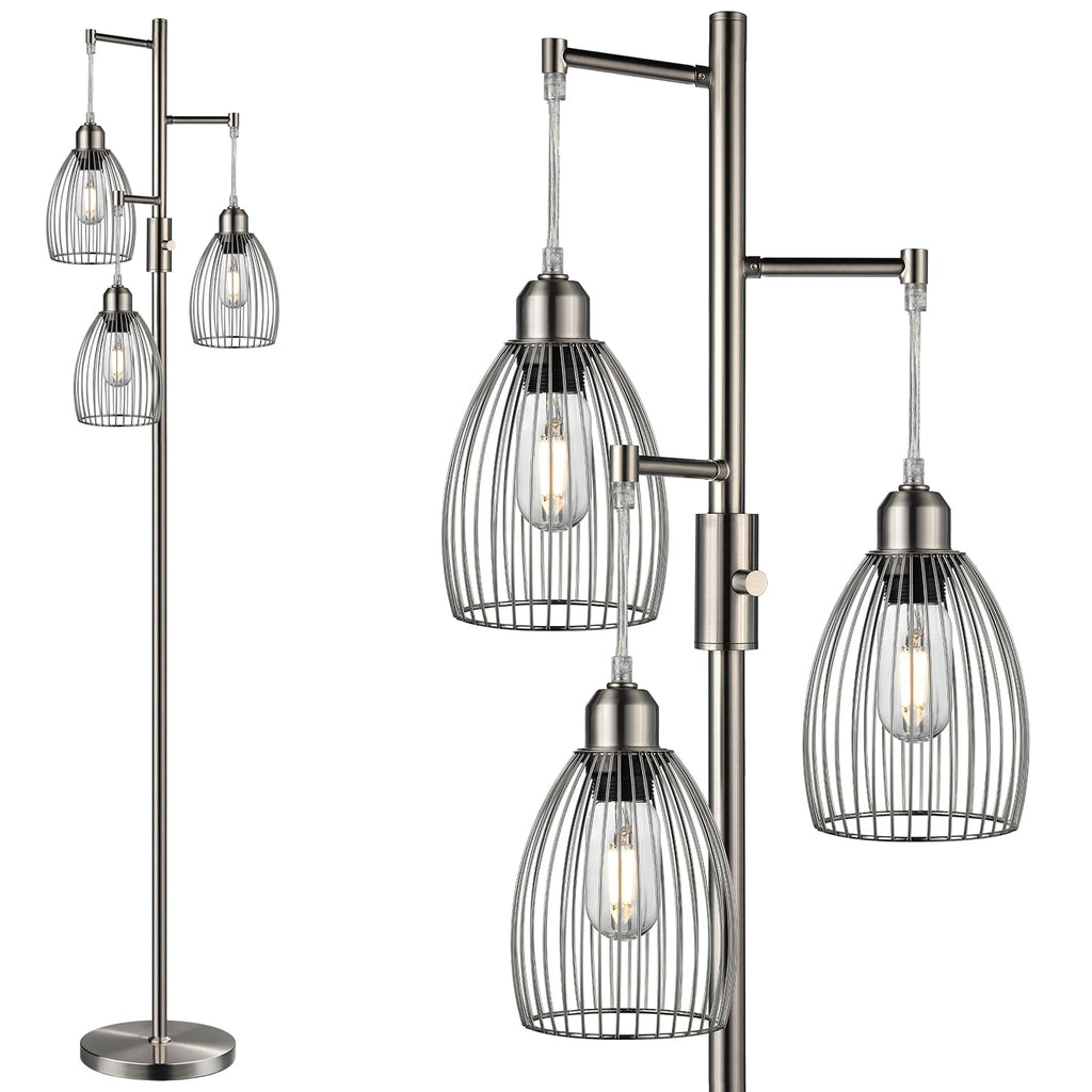 Floor Lamp, 3 x 800LM LED Edison Bulbs Included, Industrial Floor Lamp Standing Tree Lamp with Elegant Teardrop Cage Heads Tall Lamps for Living Room Bedroom-Brushed Nickel