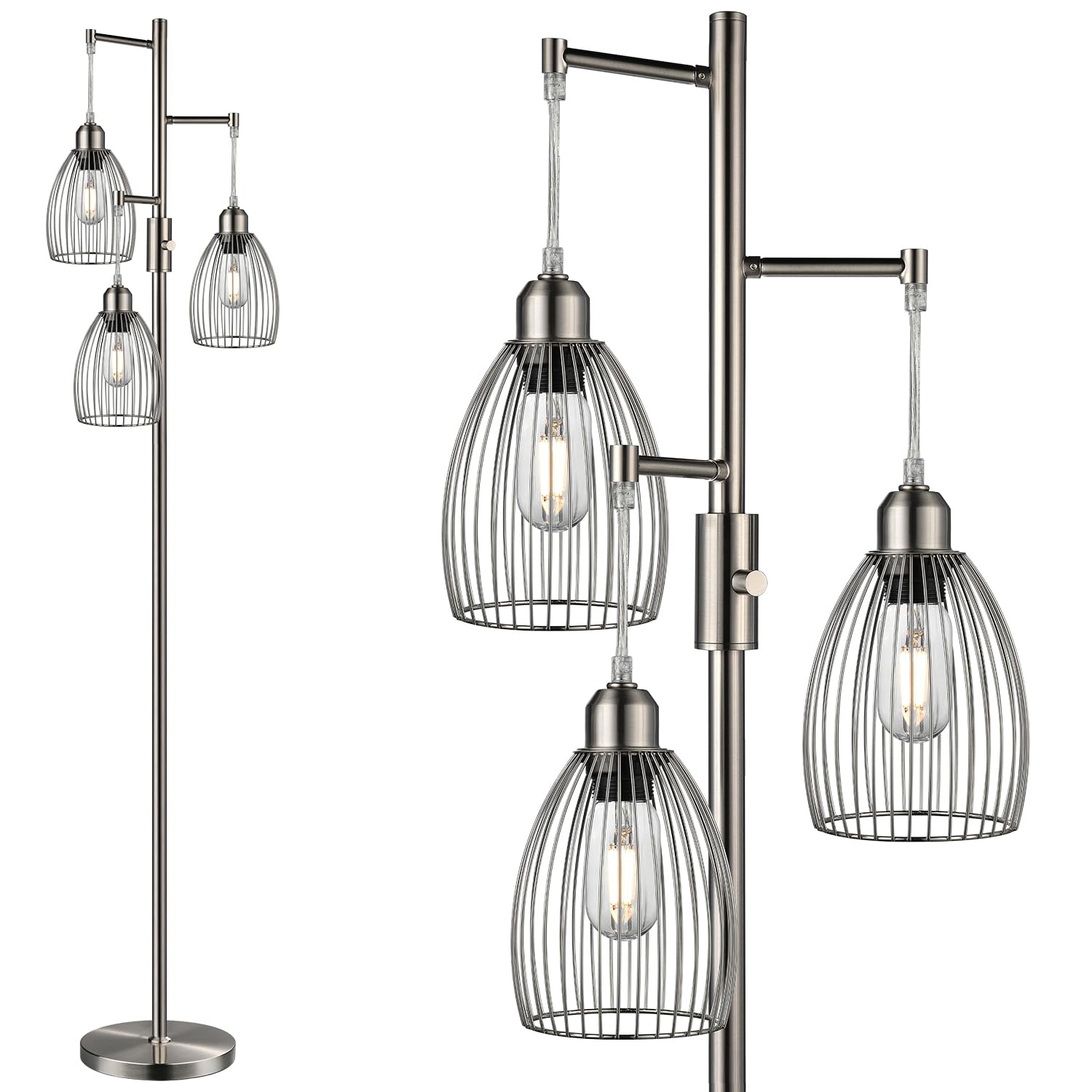 Floor Lamp, 3 x 800LM LED Edison Bulbs Included, Industrial Floor Lamp Standing Tree Lamp with Elegant Teardrop Cage Heads Tall Lamps for Living Room Bedroom-Brushed Nickel