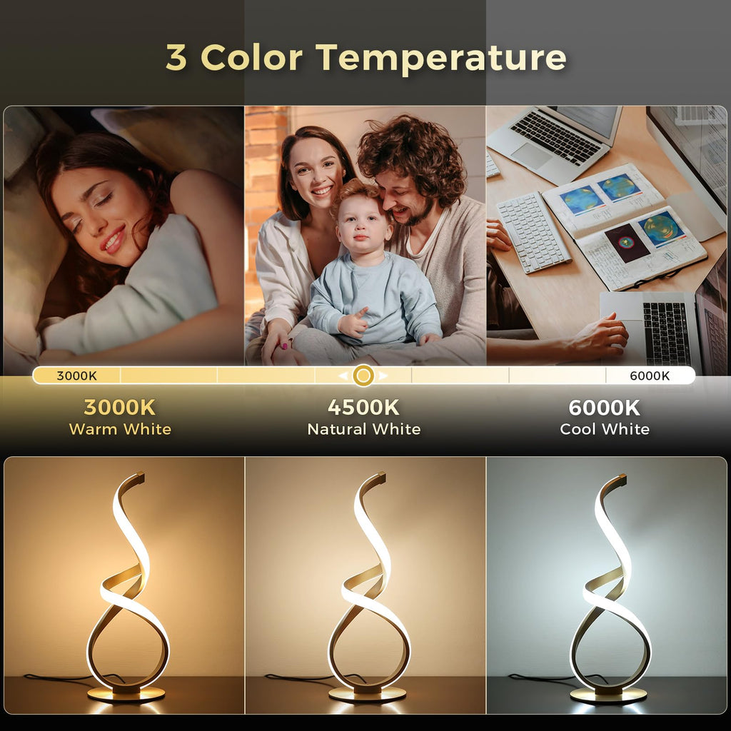 2 Pack Gold Cool Table Lamps, LED Spiral Desk Lights, Dimmable