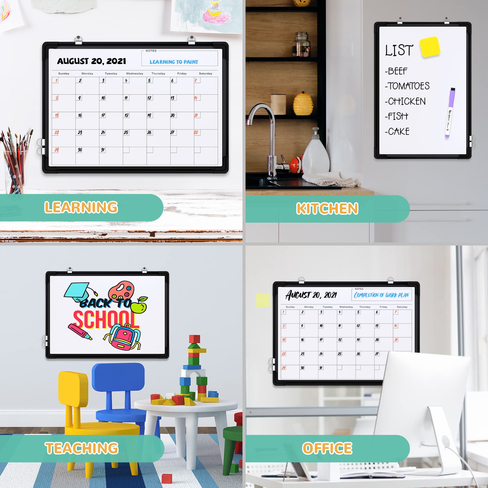 Monthly Calendar Whiteboard for Wall, 16x12 Inches Dry Erase Board, Small Magnetic White Board, Double-Sided Hanging Board for Office School Home Kitchen, Portable Board for Drawing Planning, Black