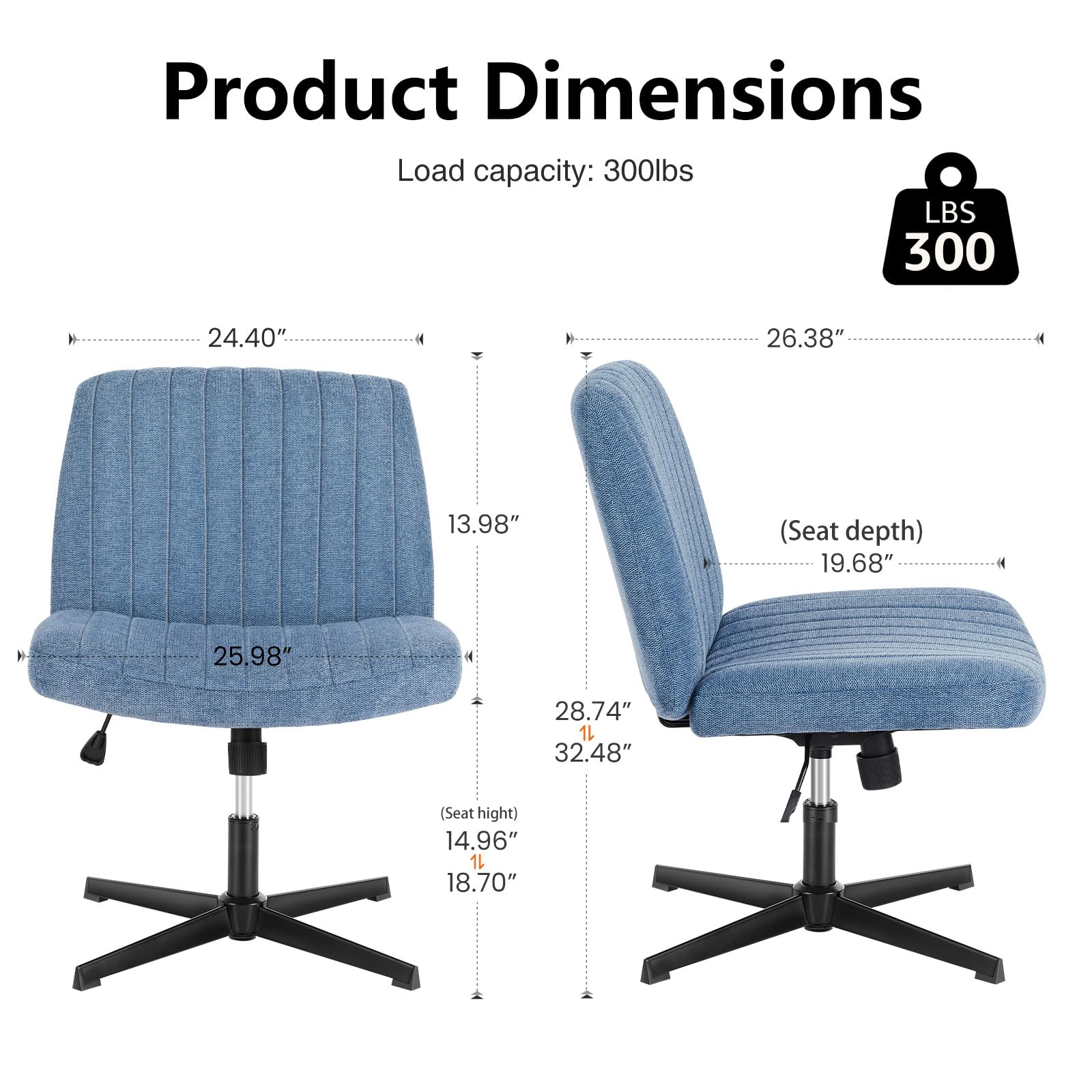 Criss Cross Legged Chairs Armless No Wheels Wide Seat Height Adjustable Swivel Padded Fabric Home Office Desk Seating for Bedroom, Student, Study Room