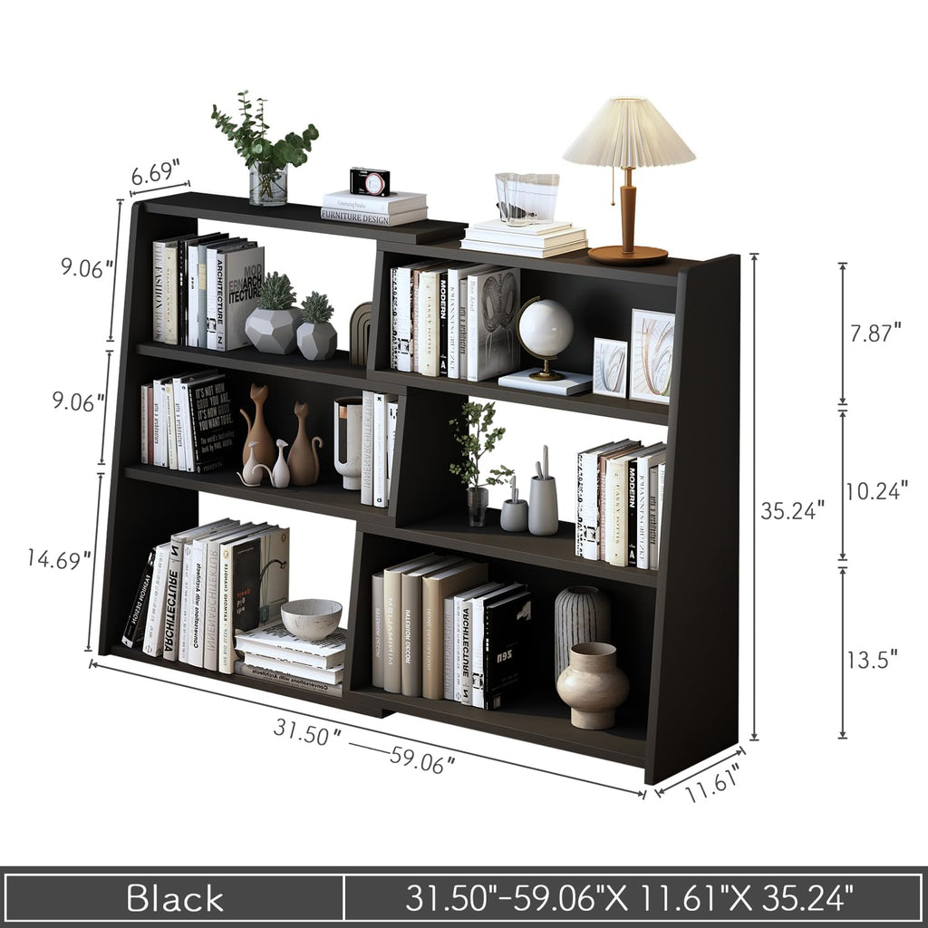 Wooden Extendable Shelf Bookcase, 3-Tier Low Bookshelf, Black, L
