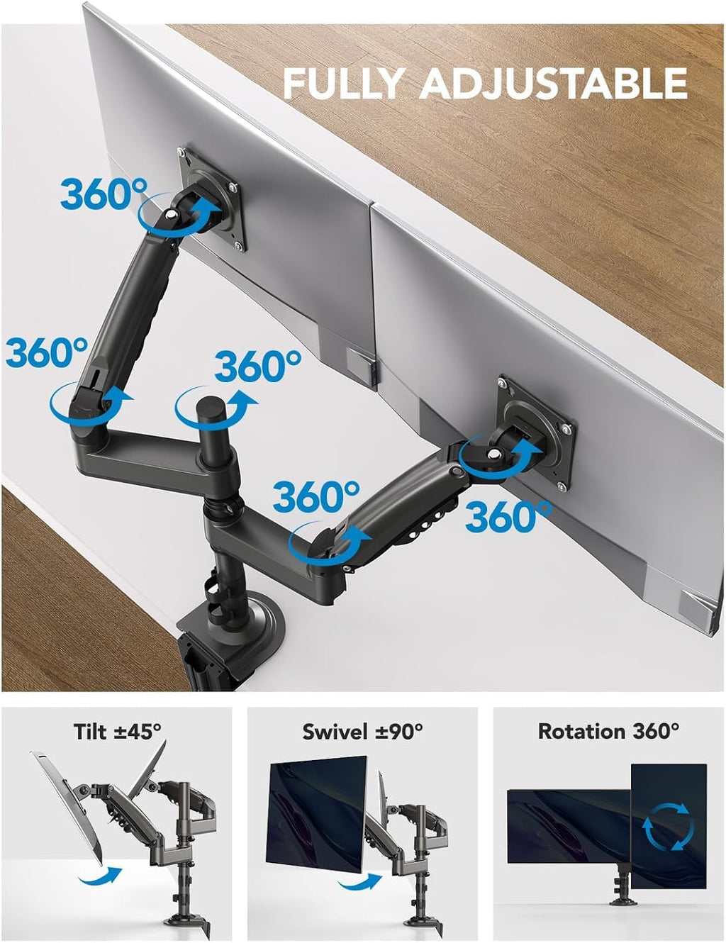 17-32 Inch Dual Monitor Stand, Vertical Dual Monitor Mount, Monitor Stand 2 Monitors, Ergonomic Adjustable Tilt/Swivel/Rotate, Weight Max 19.8 lbs, VESA 75/100mm