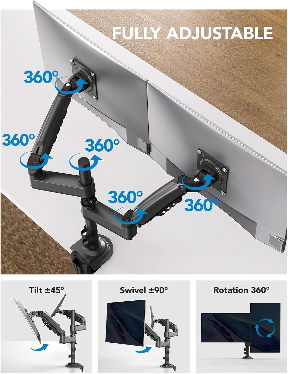 17-32 Inch Dual Monitor Stand, Vertical Dual Monitor Mount, Monitor Stand 2 Monitors, Ergonomic Adjustable Tilt/Swivel/Rotate, Weight Max 19.8 lbs, VESA 75/100mm