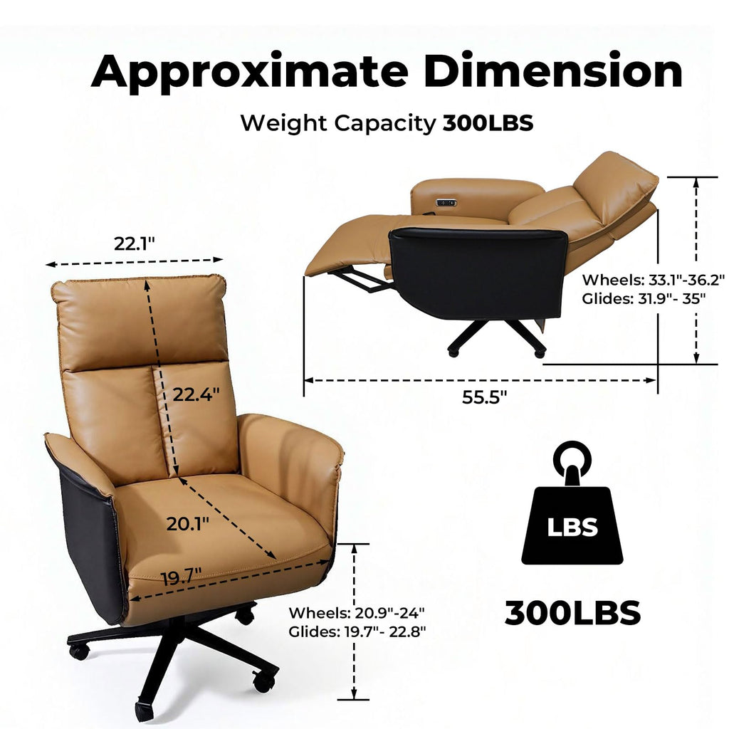 Ergonomic Executive Recliner, Adjustable Electric Office Chair 90-155° with Footrest, 4-Position Headrest, 300LBS Heavy Duty, 2-in-1 Base Swivel Desk Chair w/USB, Brown & Black PU Leather