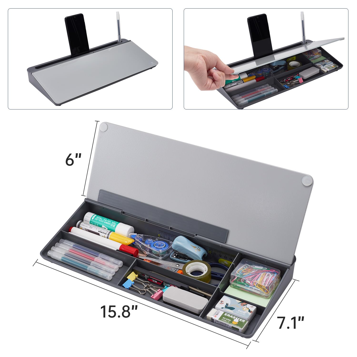 Desktop Whiteboard Dry-Erase-Board - Computer Keyboard Stand White Board Surface Pad with Drawer, Desk Organizers with Accessories for Office, Home, School Supplies - Complete Grey
