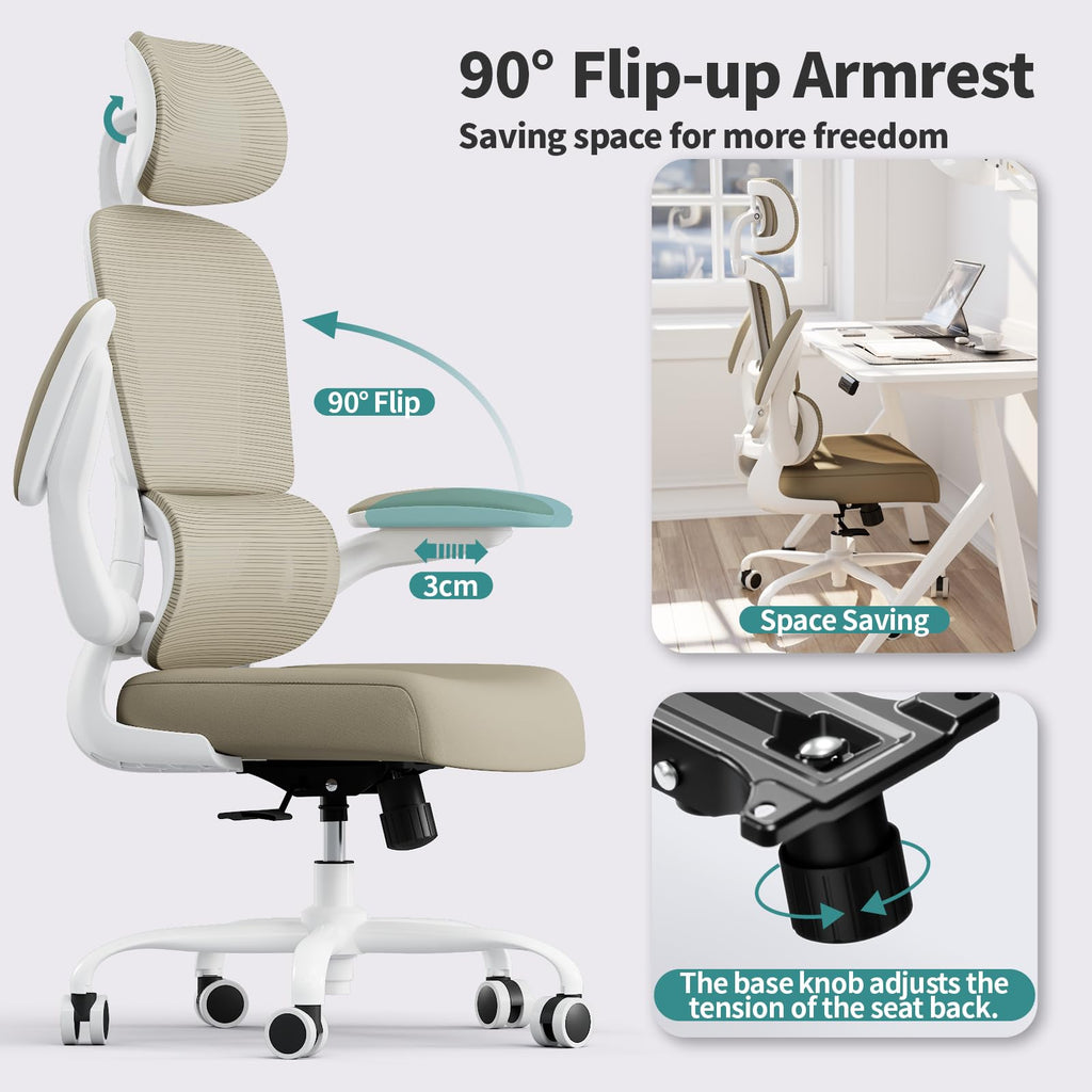 Office Chair Ergonomic Desk Chair, 330 LBS Home Mesh Office Desk Chairs with Wheels, Comfortable Gaming Chairs (Khaki)