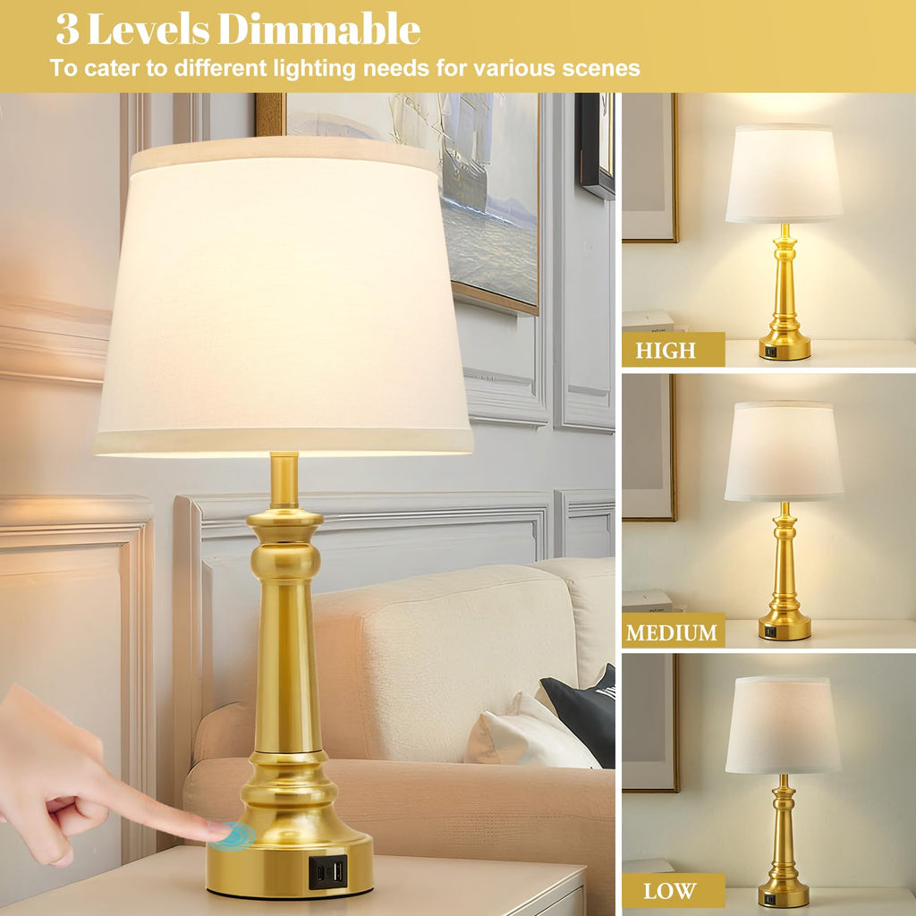 Touch Lamps for Nightstand Set of 2 - Gold Table Lamp for Bedroom Dimmable Bedside Lamps with USB C+A Ports - Lamps for Night Stands Living Room End Table,2 LED Bulbs Included