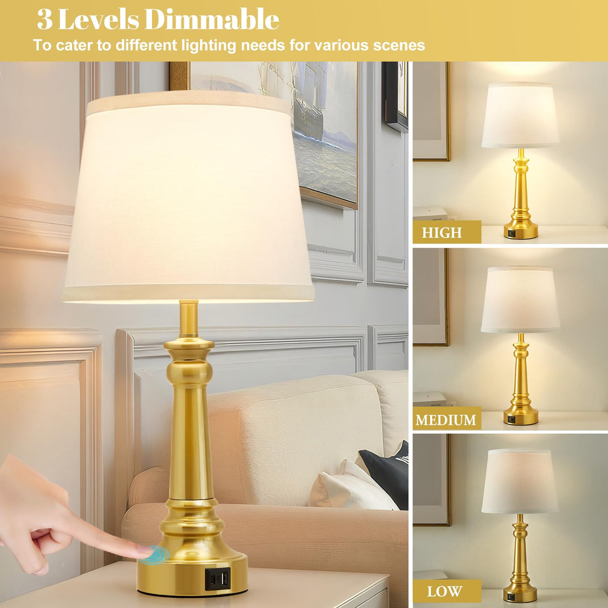 Touch Lamps for Nightstand Set of 2 - Gold Table Lamp for Bedroom Dimmable Bedside Lamps with USB C+A Ports - Lamps for Night Stands Living Room End Table,2 LED Bulbs Included