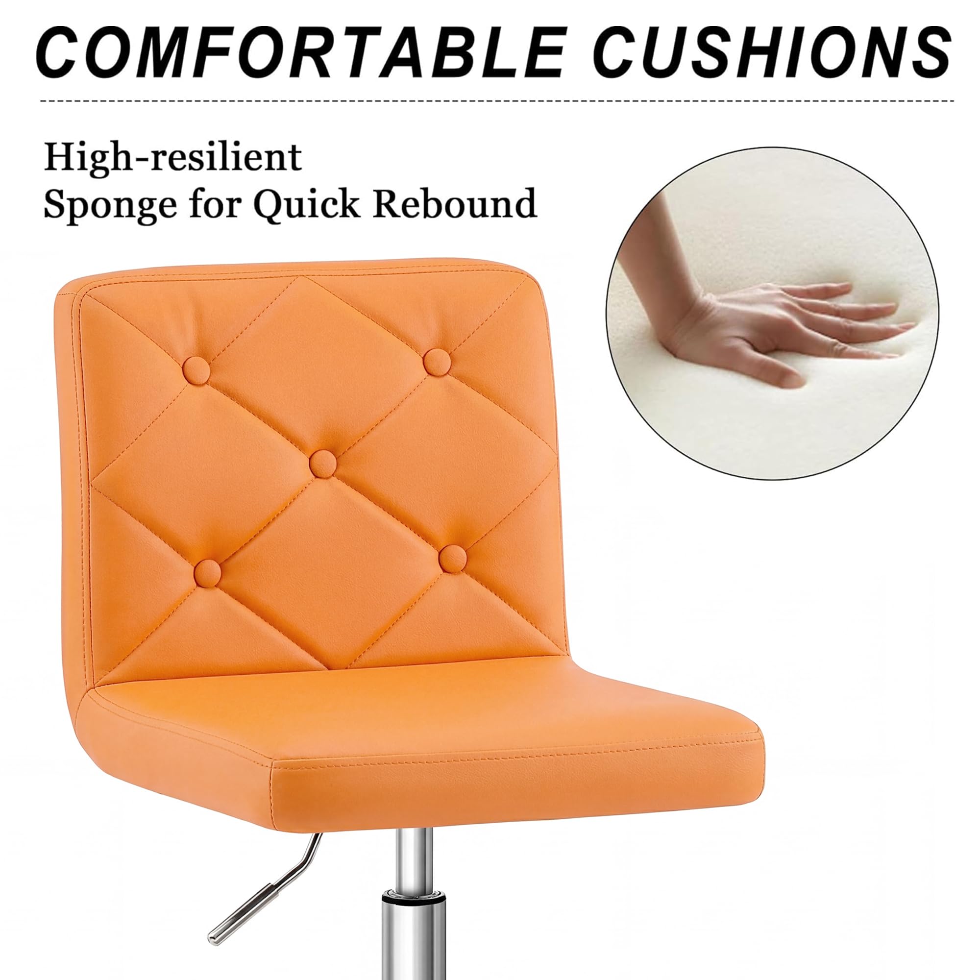 PU Leather Mid-Back Armless Vanity Chair Adjustable Height 360° Rolling Swivel for Office Work