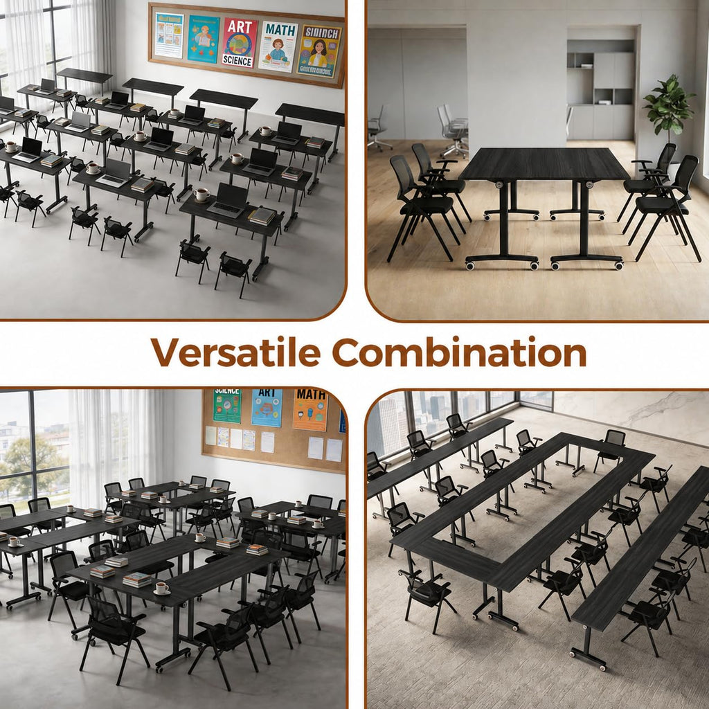 Flip Top Training Table with Lockable Wheels, Mobile Nesting Folding Conference Table, Space Saving Seminar Desk for Classroom, Office, Library (8, Black, 47"×16"×30")