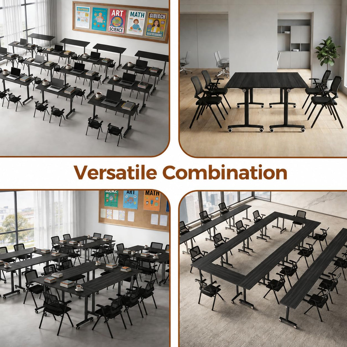 55″ Flip Top Training Table with Lockable Wheels, Mobile Nesting Folding Conference Table, Space Saving Seminar Desk for Classroom, Office, Library (10, Black, 55"×20"×30")