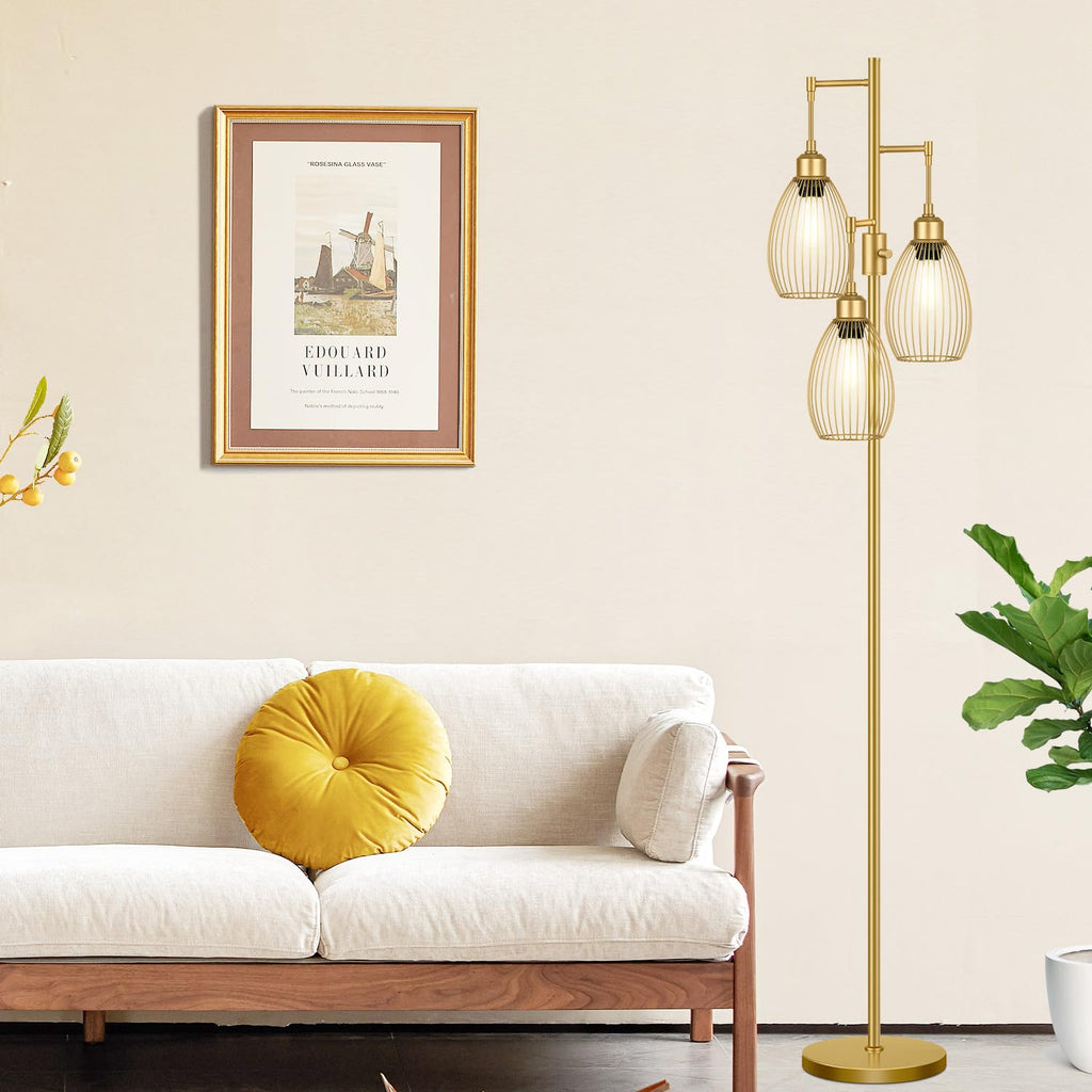 Floor Lamp, 3 x 800LM LED Edison Bulbs Included, Farmhouse Industrial Floor Lamp Standing Tree Lamp with Elegant Teardrop Cage Head Tall Lamp for Living Room Bedroom Office Dining Room - Gold