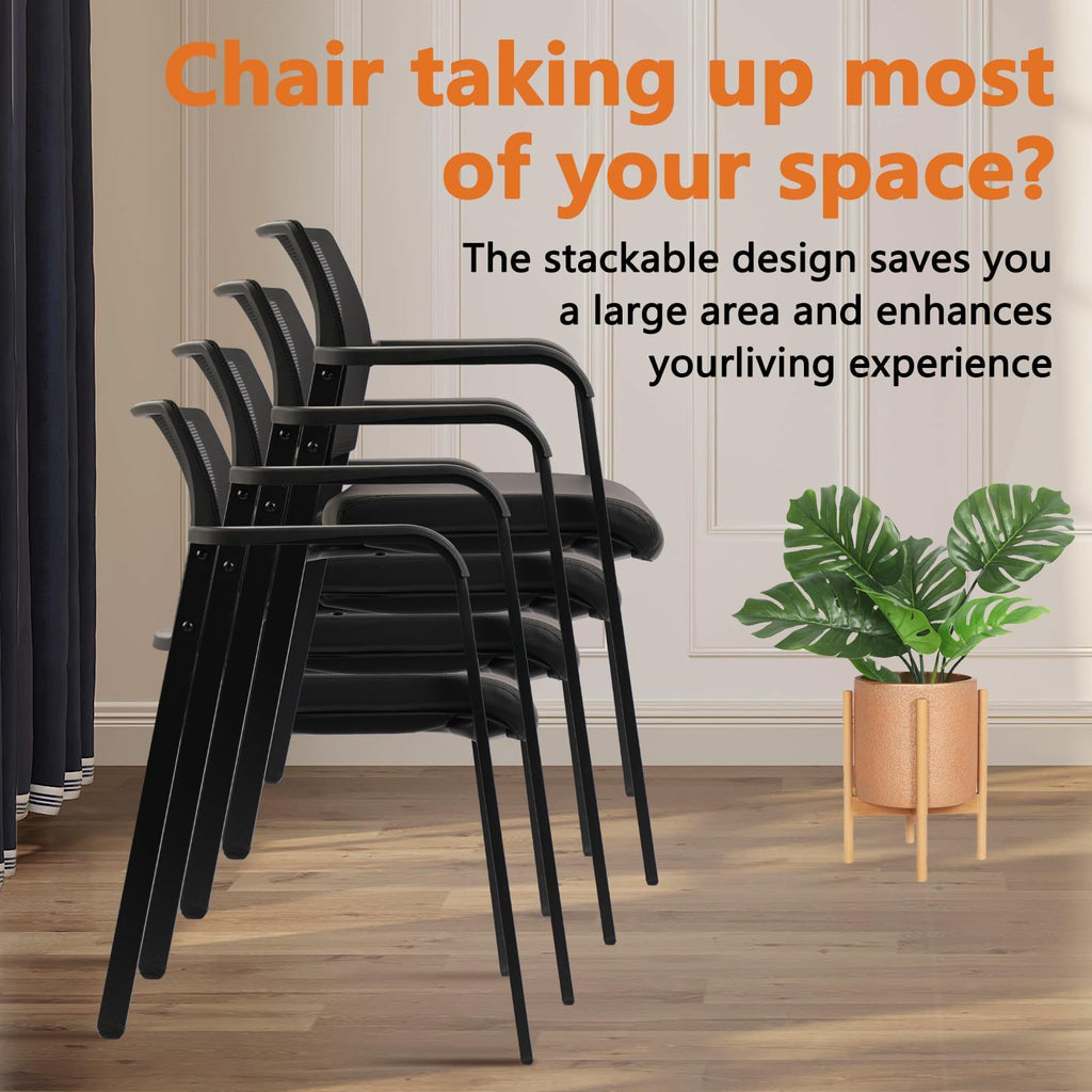 Set of 4, Stackable Office Chair, Mesh Back Guest Chairs with Comfortable Leather Seat Arms Stacking Ergonomic Desk Chair No Wheels for Conference Waiting Reception School Stationary, Black