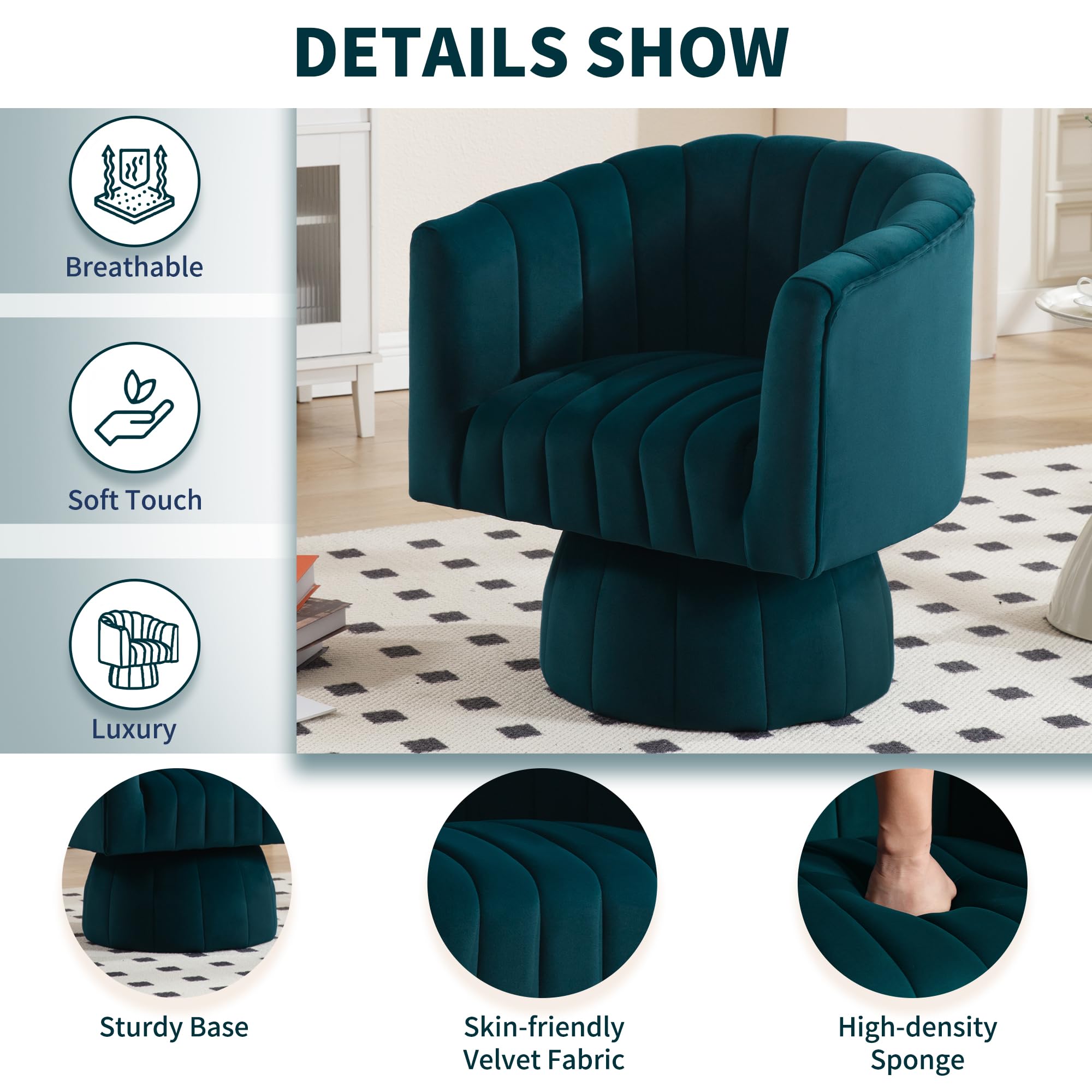 Swivel Accent Barrel Chair - Cute Comfy Small Round 360° Arm Chair Velvet Sofa Club Reading Chair for Office  Living Room Bedroom Green