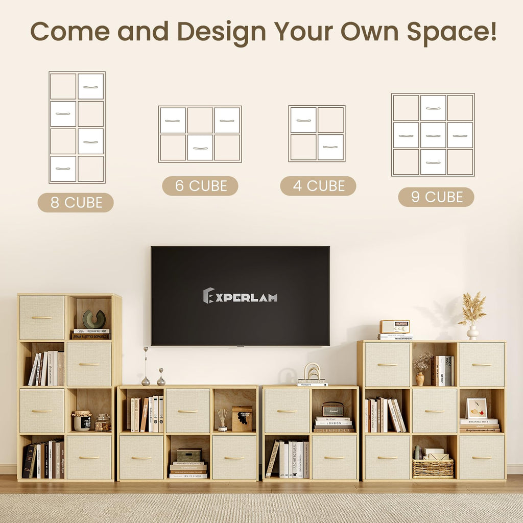 8 Cube Storage Organizer - Solid Wood Bookshelf with 4 Storage Bins, Cube Shelf with 2 Removable Back Panels, Vertical or Horizontal Bookcase, Open Book Shelf for Bedroom, Living Room, Office