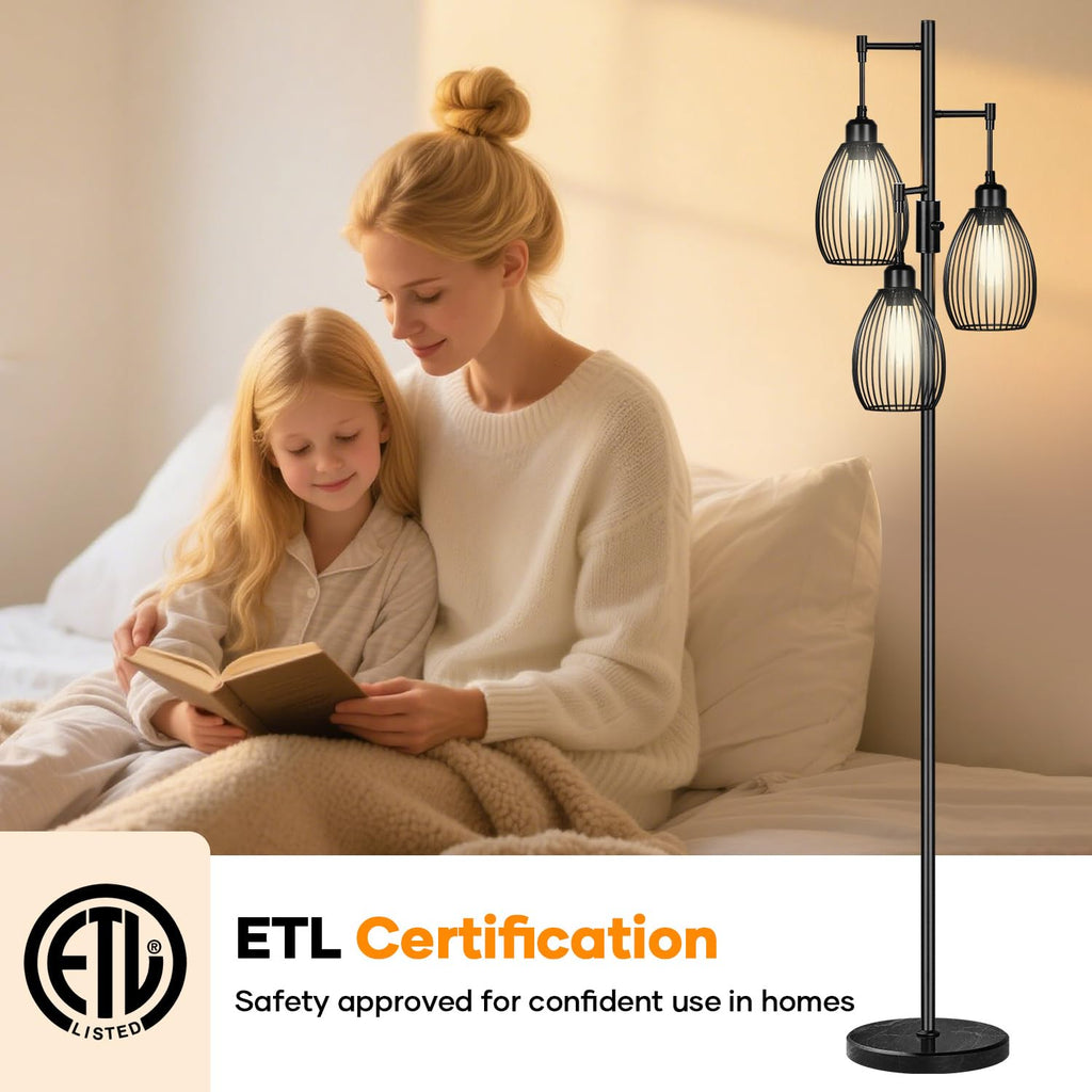 Floor Lamp,3x800LM LED Bulbs Included, Farmhouse Industrial Floor Lamp Standing Tree Lamp with Teardrop Cage Head Tall Lamp for Living Room Bedroom Office Dining Room - Black & Marble Base
