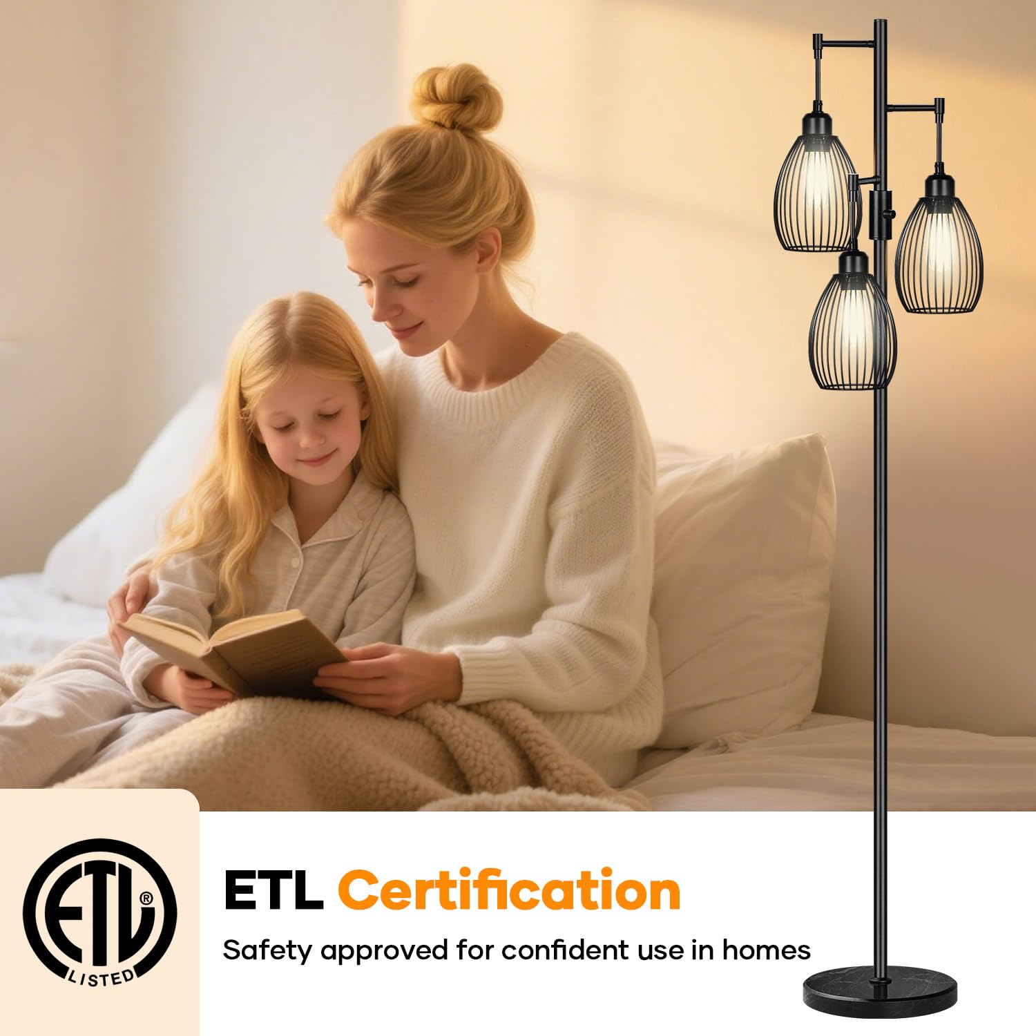 Floor Lamp,3x800LM LED Bulbs Included, Farmhouse Industrial Floor Lamp Standing Tree Lamp with Teardrop Cage Head Tall Lamp for Living Room Bedroom Office Dining Room - Black & Marble Base