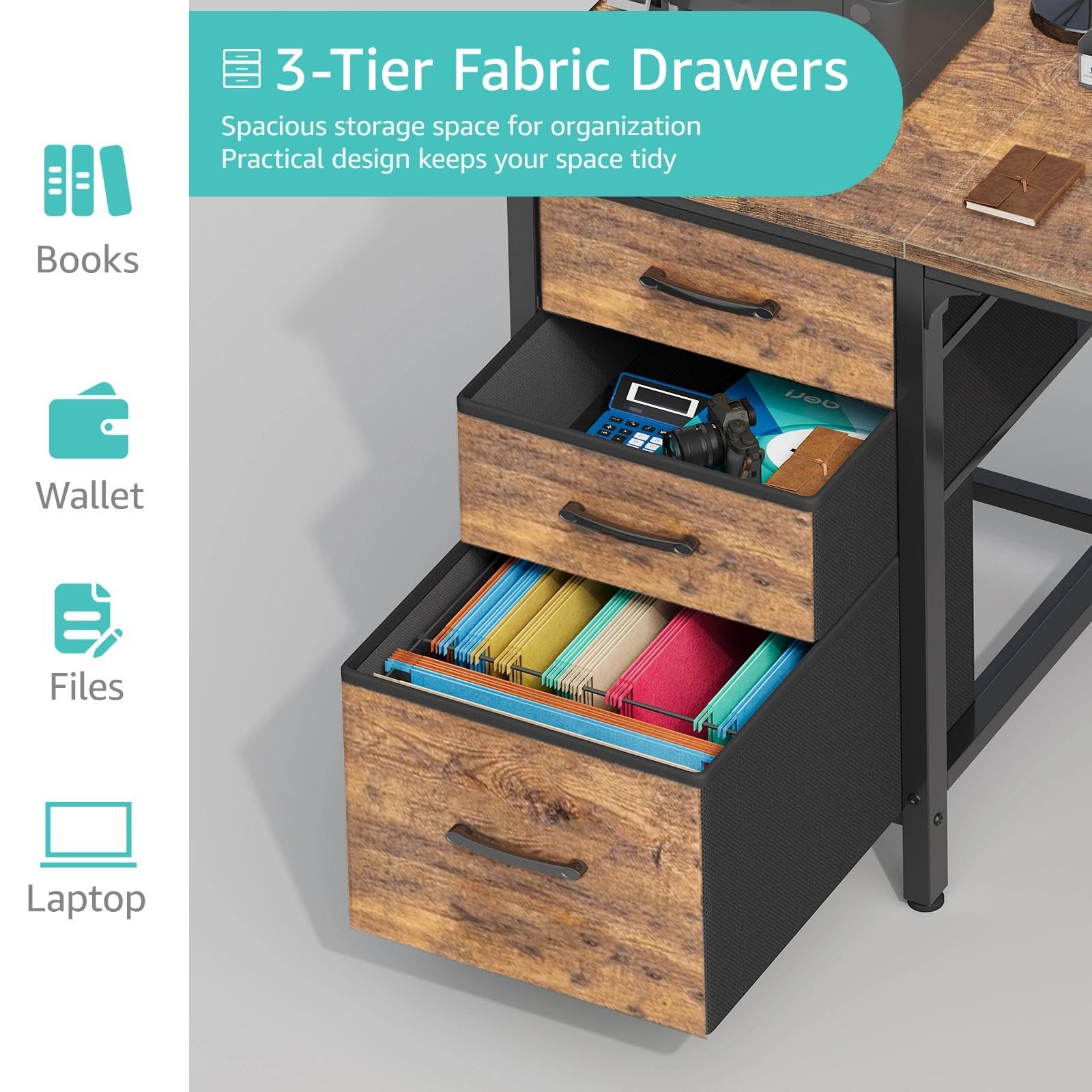 Computer Desk with File Drawers Cabinet, 47 Inch Reversible Home Office Desks with Fabric Filing Cabinet for Small Space, Study Writing Table PC Desks, Rustic Brown
