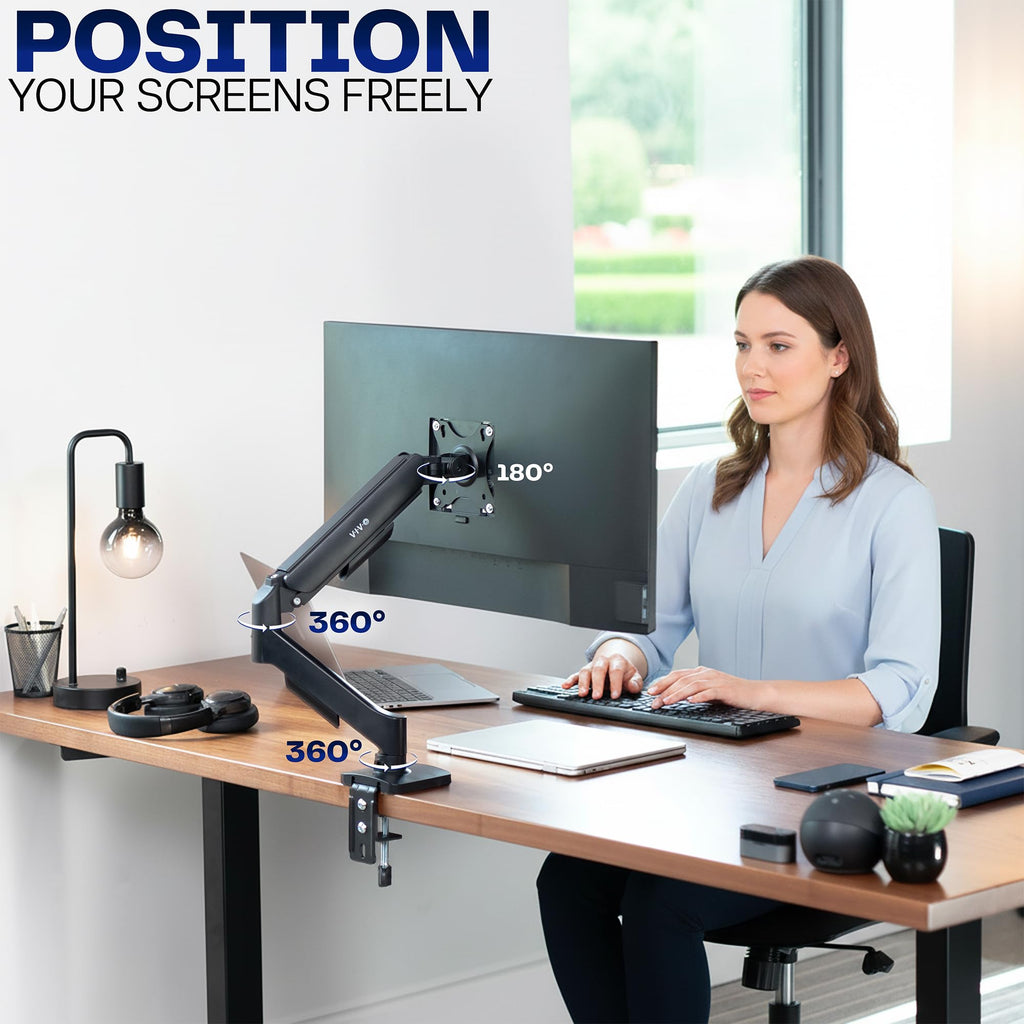 Single Monitor Stand, Fully Adjustable Arm for 17 to 32 inch Screen, Mechanical Articulating Desk Mount, Gaming and Office Setups, VESA 75x75, 100x100, Max 19.8 lbs, Classic, Black, STAND-V001O