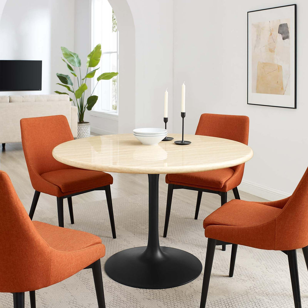 Modway Lippa 48" Round Artificial Dining Table with Tapered, Metal Base, Black Travertine