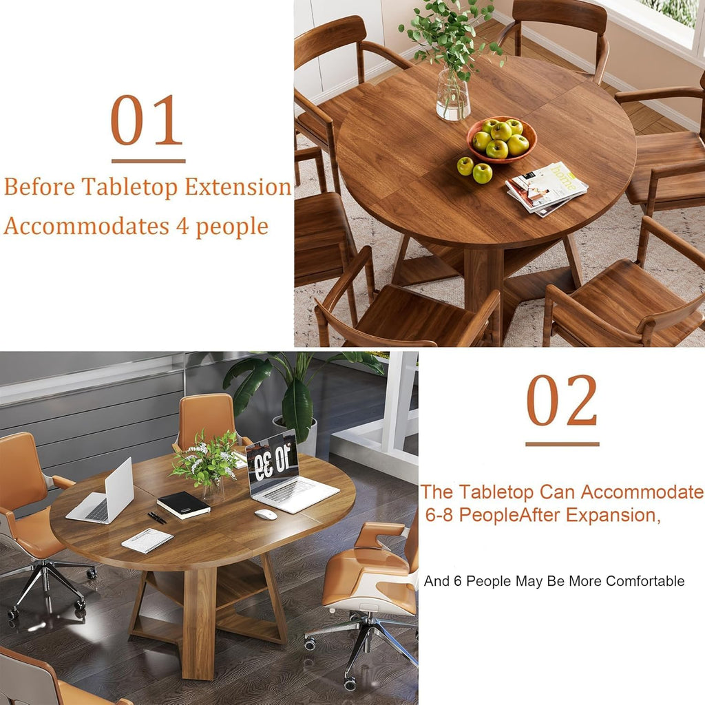 Round Conference Table for 4-6 People,43.3in-59in Extendable Wooden Oval Meeting Room Table with Removable Leaves,Space Saving,Office Table with Storage Shelf for for Office Conference Room (Walnut)