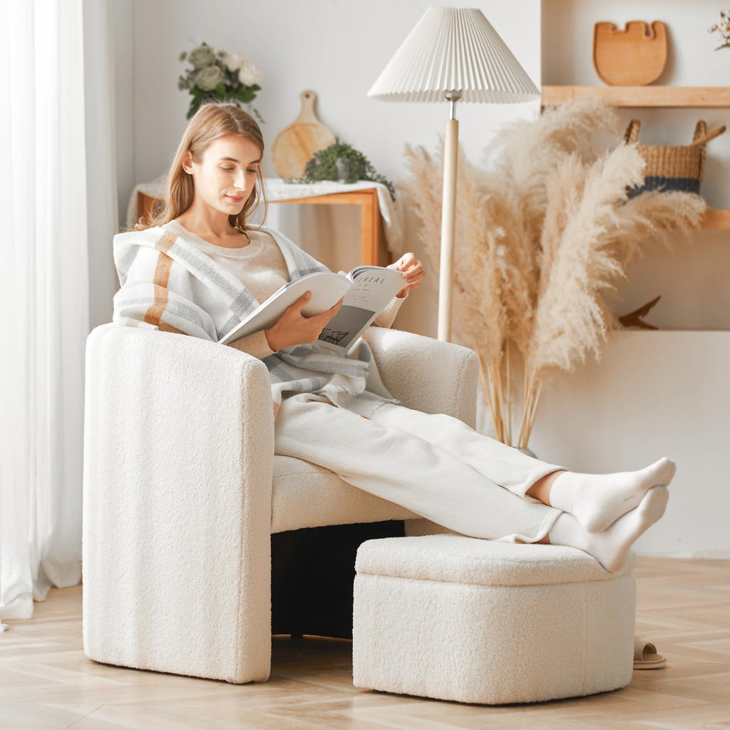 Upholstered Sherpa Barrel Accent Chair with Storage Ottoman, Morden Living Room Side Chair, Single Sofa Armchair with Lounge Seat for Bedroom/Office/Reading Spaces, Cream