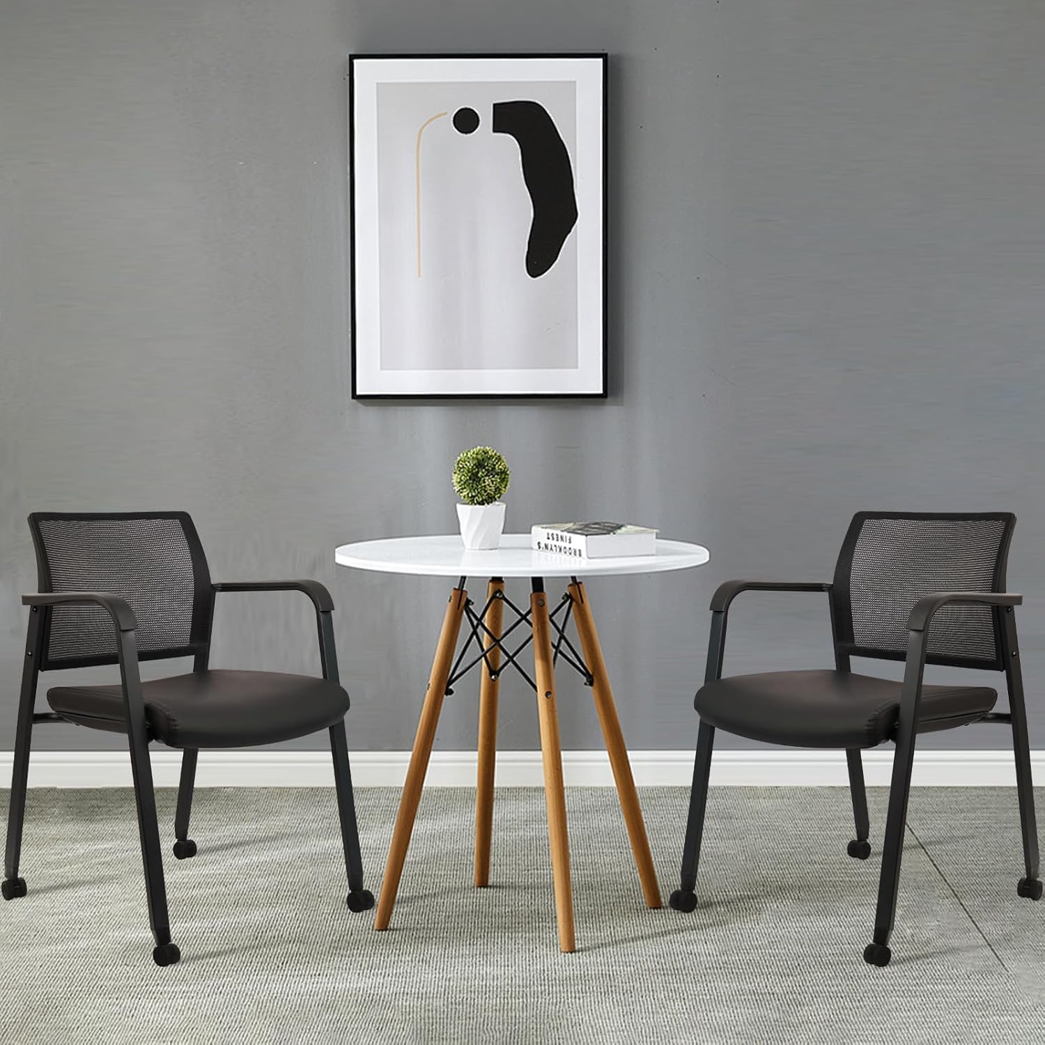 Black, 8 PK, Stacking Office Chair with Wheels, Mesh Back Waiting Room Guest Chairs with Arms Comfortable Leather Cushion Stackable Desk Chair for Conference Reception School Side Stationary,