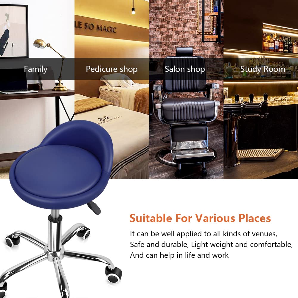 PU Leather Round Rolling Stool with Back Rest Height Adjustable Swivel Drafting Work SPA Task Chair with Wheels (Blue)