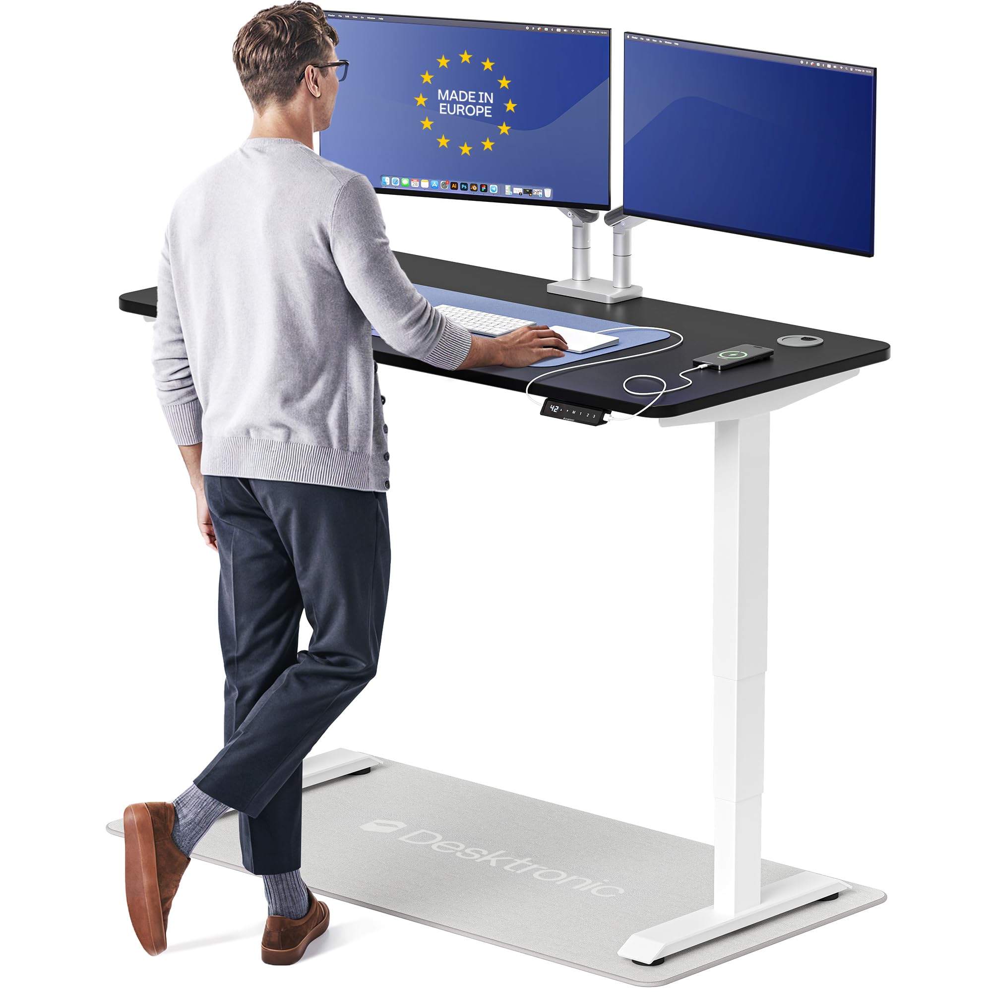 Standing Desk 54x28 — Made in Europe, Ergonomic Sit Stand Home Office Desk, Electric Height Adjustable, Dual Motor, USB & USB-C Charging, Wobble-Free, Touchscreen, 3 Memory Presets