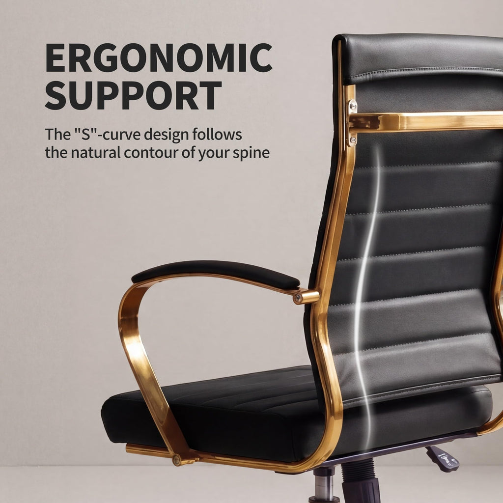Gold Office Desk Chair, Ergonomic Leather Modern Conference Room Chairs, Executive Ribbed Height Adjustable Swivel Rolling Golden Chair for Home Office.